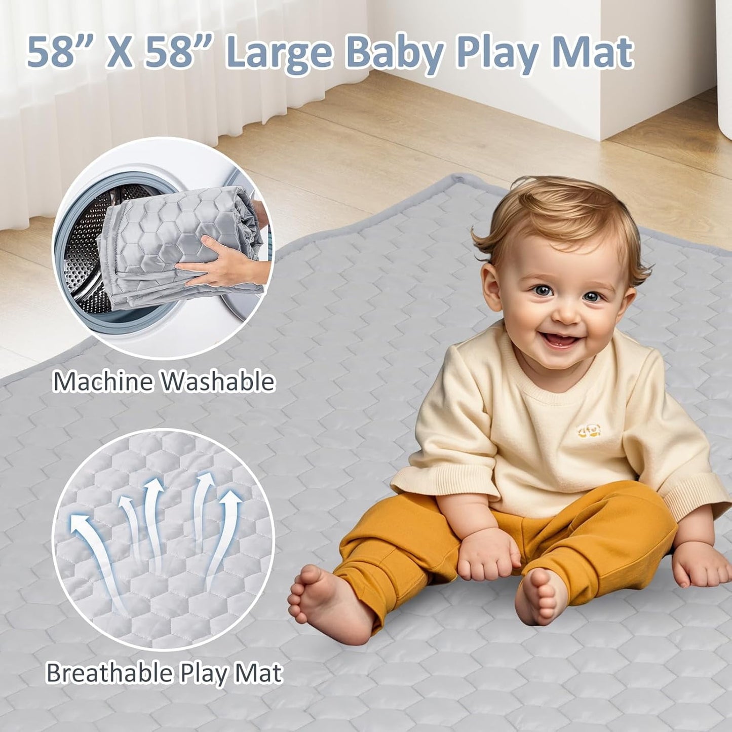 OLAKIDS Foldable Baby Playpen with Mat, 59” x 59” Large Baby Play Yard for Infant with 50 Ocean Balls, 4 Handlers, Carry Bag, Indoor Outdoor Fence Toddler Activity Center