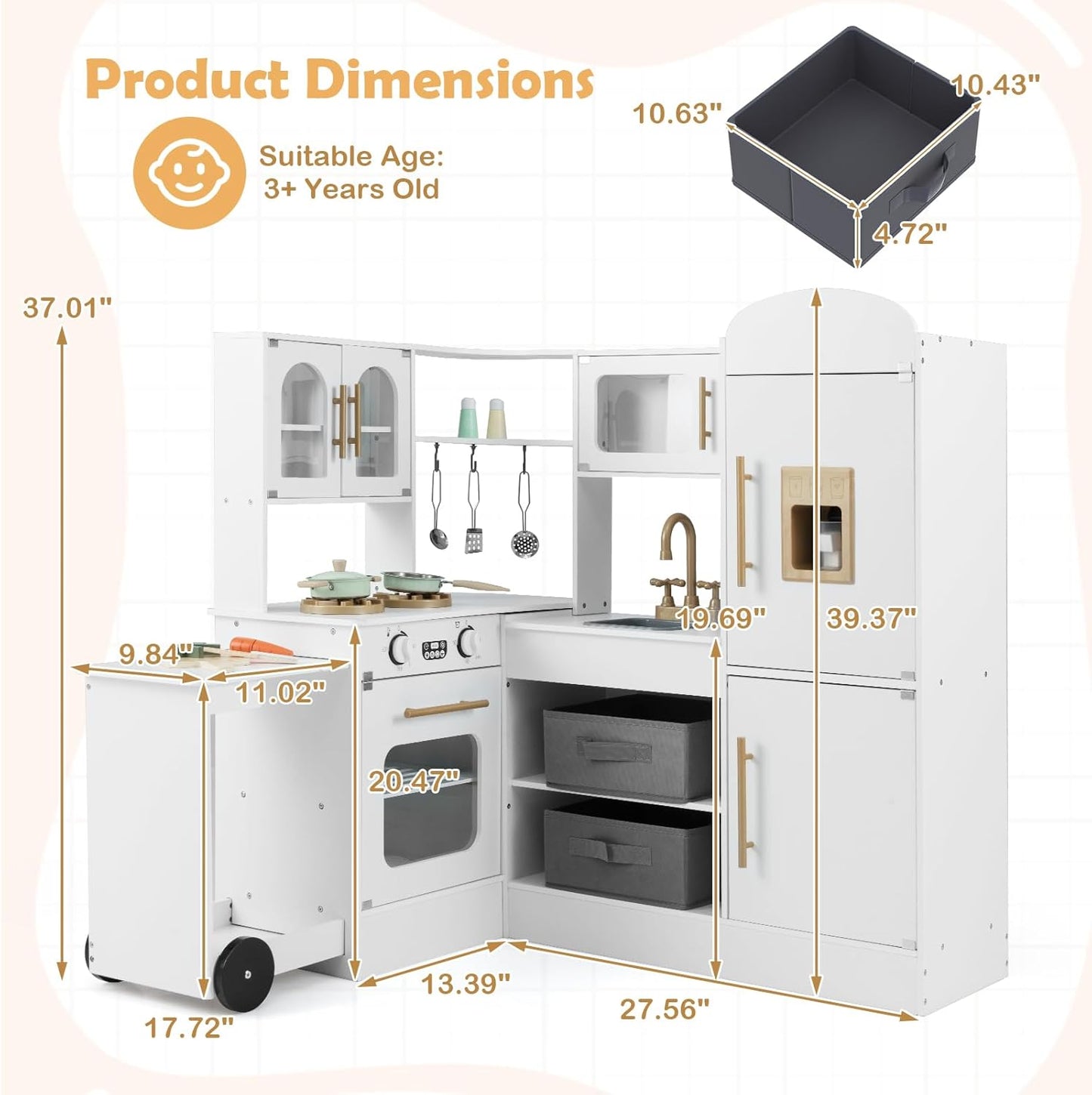 OLAKIDS Corner Kids Kitchen, Wooden Pretend Playset with Telescopic Cart Realistic Lights Sounds Ice Maker Fabric Drawers Microwave Oven, Toddler Cooking Toy Gift for Boys Girls Aged 3+