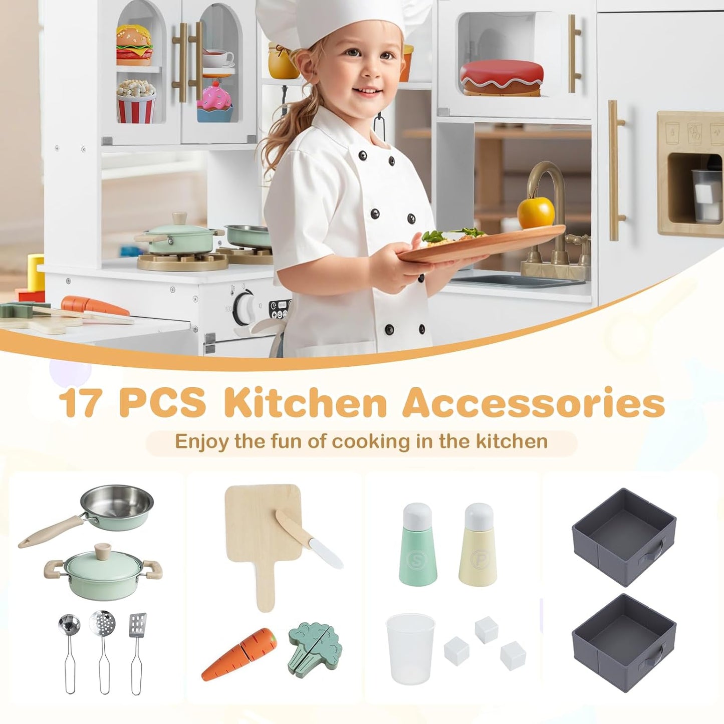 OLAKIDS Corner Kids Kitchen, Wooden Pretend Playset with Telescopic Cart Realistic Lights Sounds Ice Maker Fabric Drawers Microwave Oven, Toddler Cooking Toy Gift for Boys Girls Aged 3+