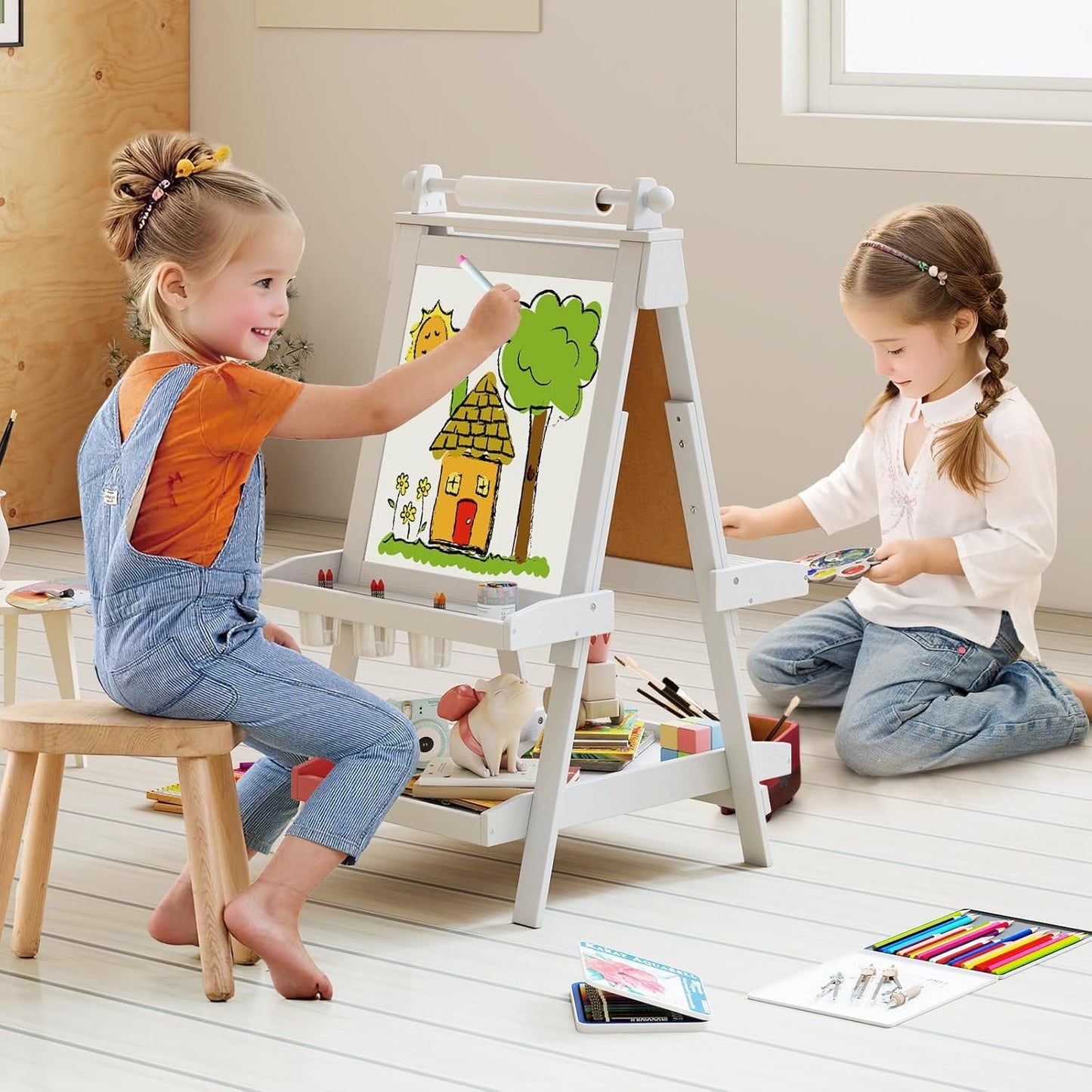 OLAKIDS Easel for Kids, 3 in 1 Adjustable Painting Art Board, Foldable Double-Sided Wooden Drawing Chalkboard Magnetic Whiteboard with Paper Roll, Storage Rack, Cups for Boy Girls