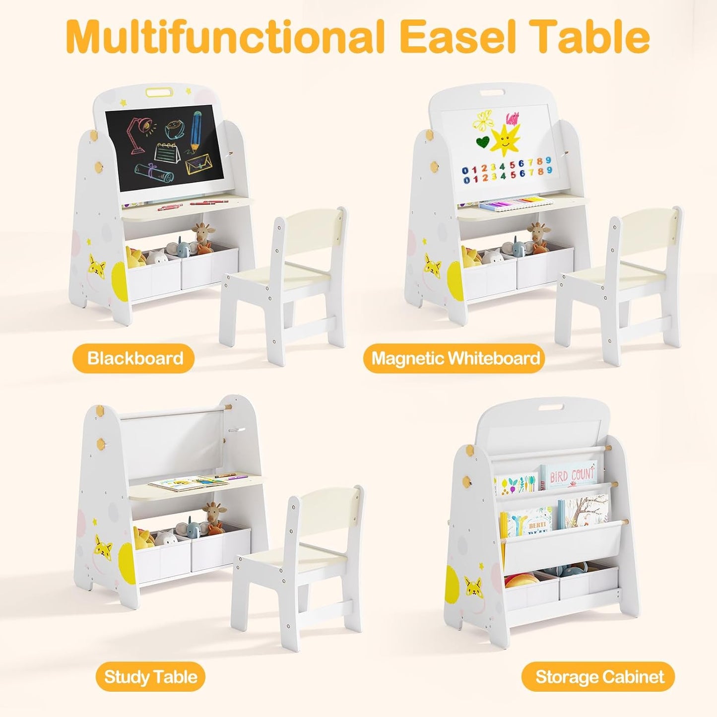 OLAKIDS Easel for Kids with Chair, 4 in 1 Double-Sided Adjustable Magnetic Chalkboard & Whiteboard with Bookshelves, Storage Bins, Wooden Standing Painting Drawing Art Board for Boys Girls