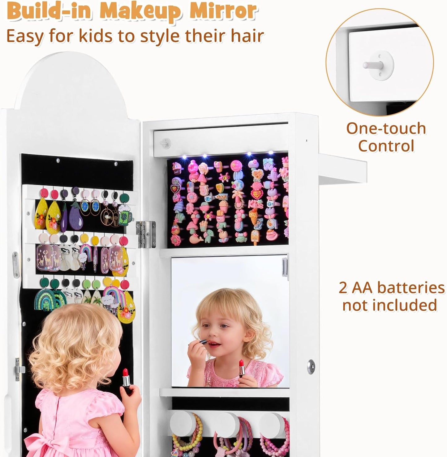 OLAKIDS Kids Jewelry Armoire Cabinet, 360° Swivel Lockable Standing Makeup Organizer with Interior Lights, Rotatable Full-Length LED Vanity Mirror with Foldable Fabric Drawer for Girls