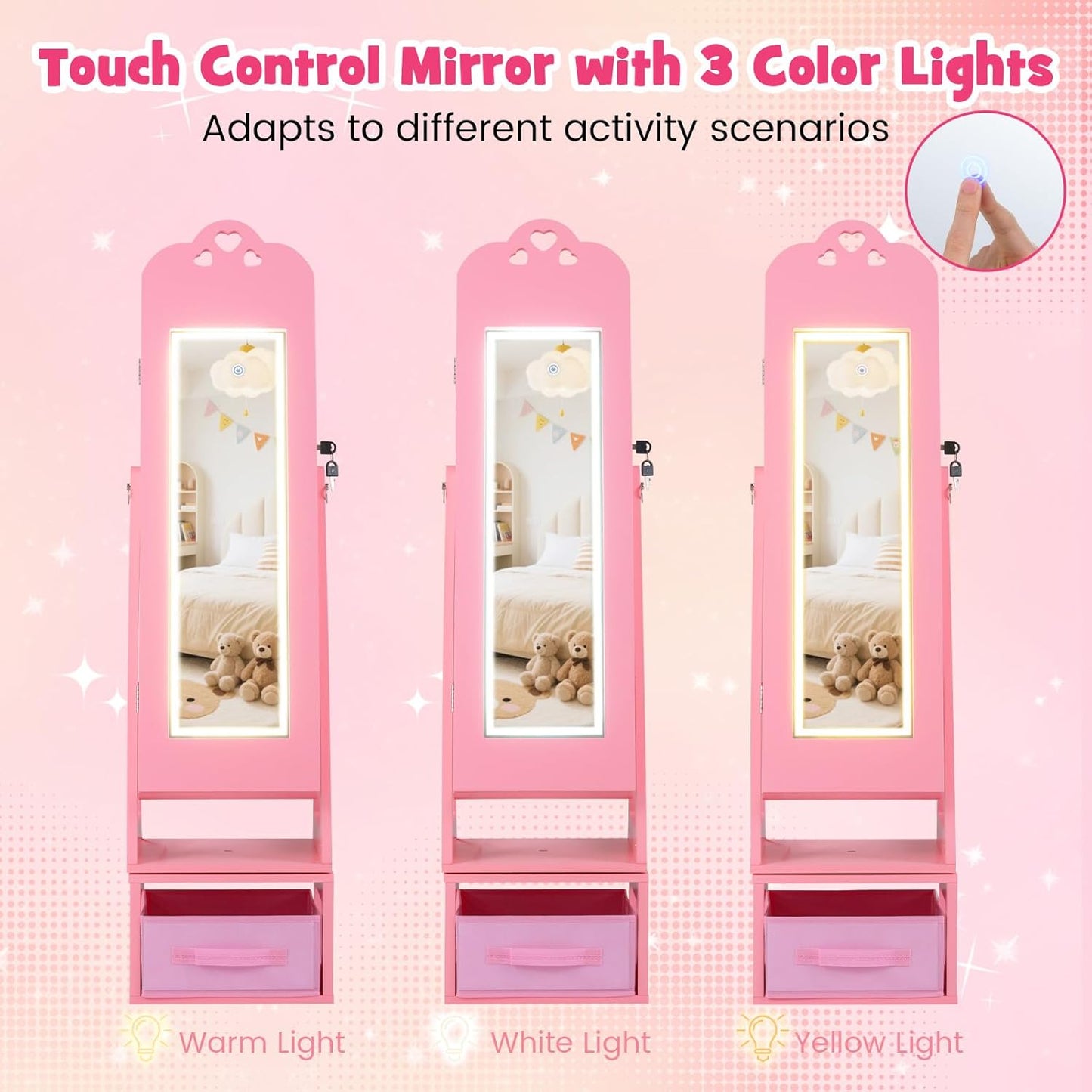 OLAKIDS Kids Jewelry Armoire Cabinet, 360° Swivel Lockable Standing Makeup Organizer with Interior Lights, Rotatable Full-Length LED Vanity Mirror with Foldable Fabric Drawer for Girls