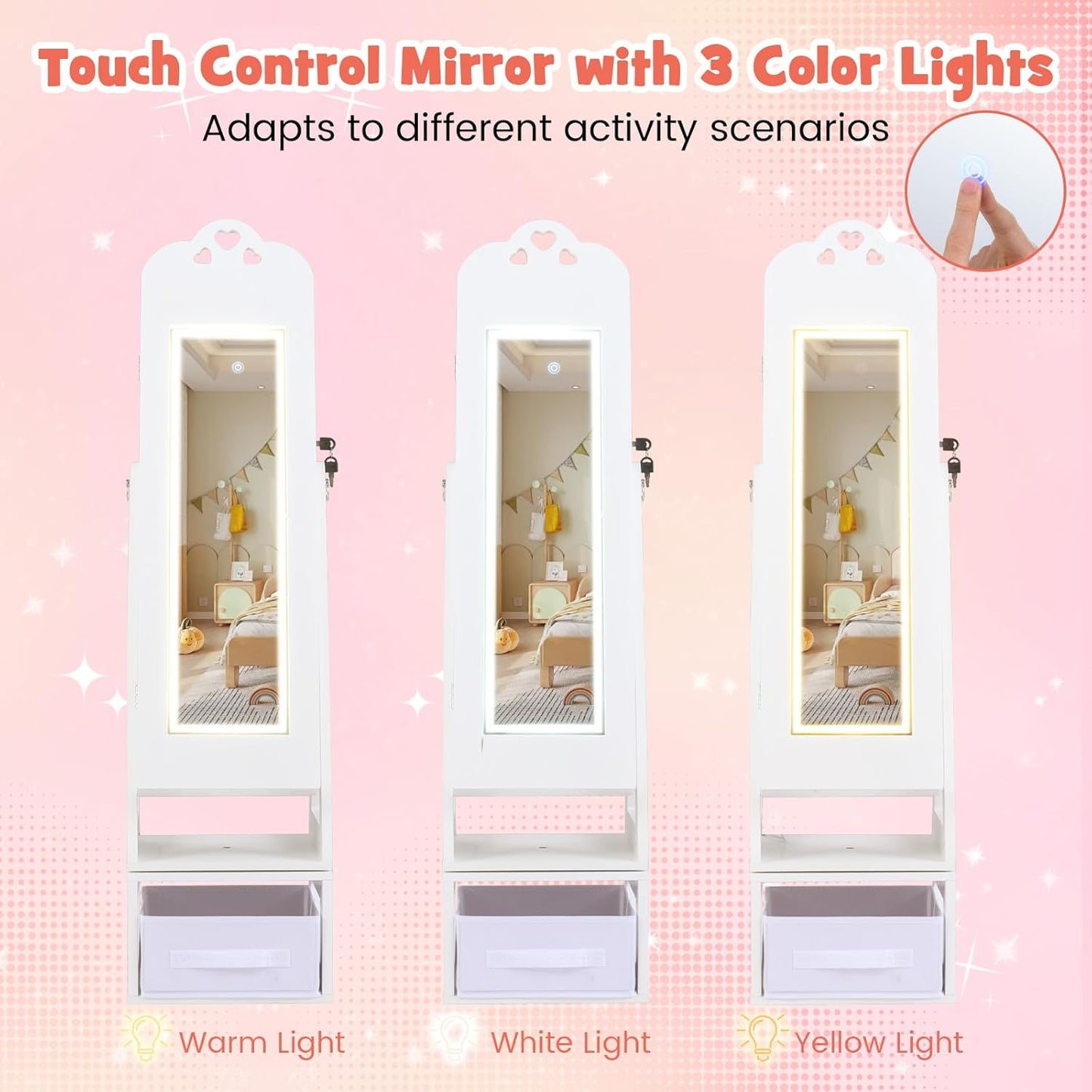 OLAKIDS Kids Jewelry Armoire Cabinet, 360° Swivel Lockable Standing Makeup Organizer with Interior Lights, Rotatable Full-Length LED Vanity Mirror with Foldable Fabric Drawer for Girls