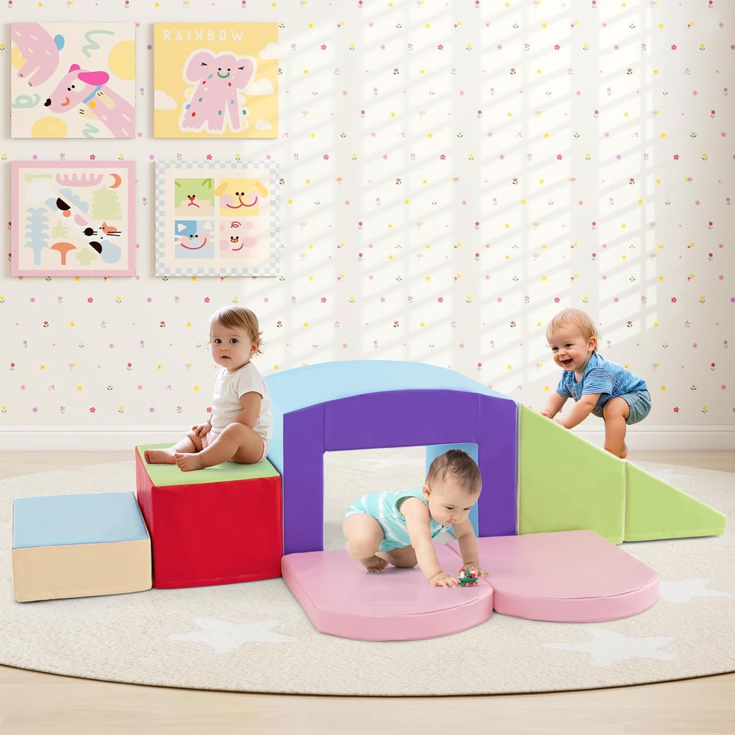 Olakids Climbing Toys for Toddlers, 7 Pieces Indoor Baby Foam Blocks Soft Play Set with PU Leather