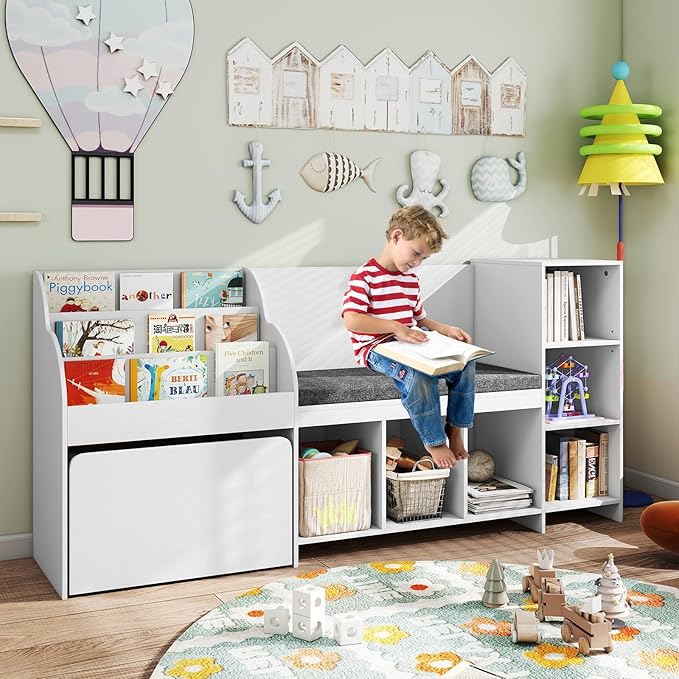 OLAKIDS Kids Bookshelf Toy Storage Organizer with Reading Nook Seat Cushion