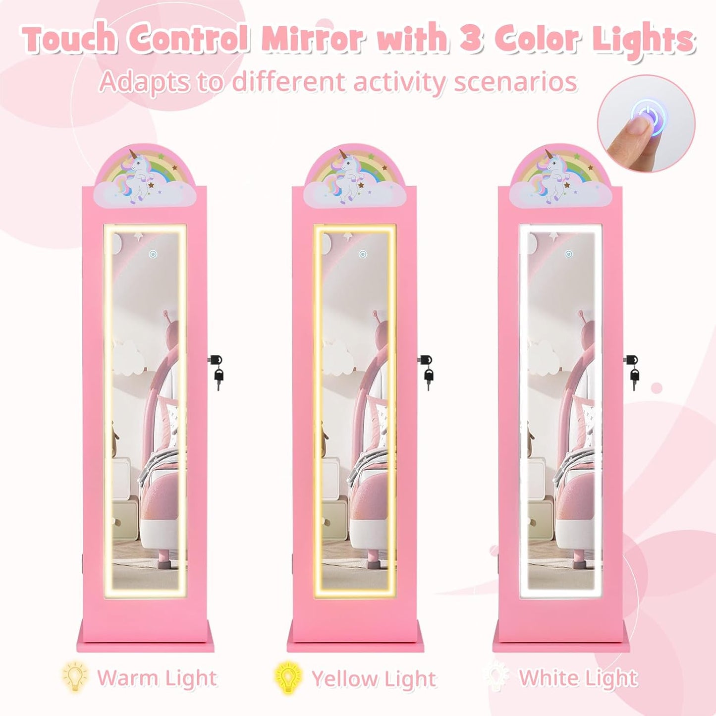 OLAKIDS Kids Jewelry Armoire Cabinet, 360° Swivel Lockable Standing Makeup Organizer with Interior Lights, Rotatable Full-Length LED Vanity Mirror with Foldable Fabric Drawer for Girls