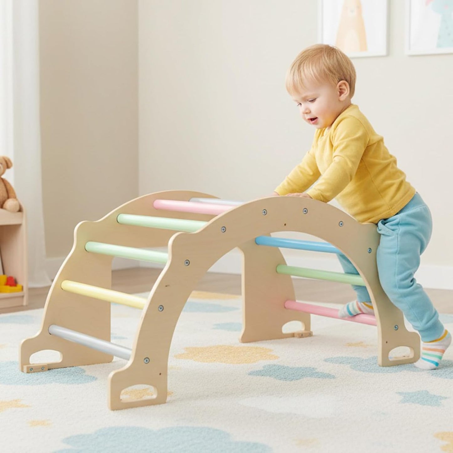 OLAKIDS Climbing Arch for Toddlers, 5 in 1 Wooden Indoor Kids Climber Rocker Montessori Sensory Table with Foldable Storage Bin, Baby Pikler Toy Set Gym Learning Crawling Gift for Children