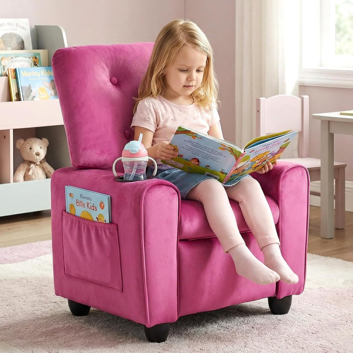 OLAKIDS Kids Recliner, Toddler Lounge Chair with Adjustable Backrest Footrest Cup Holder Side Pockets