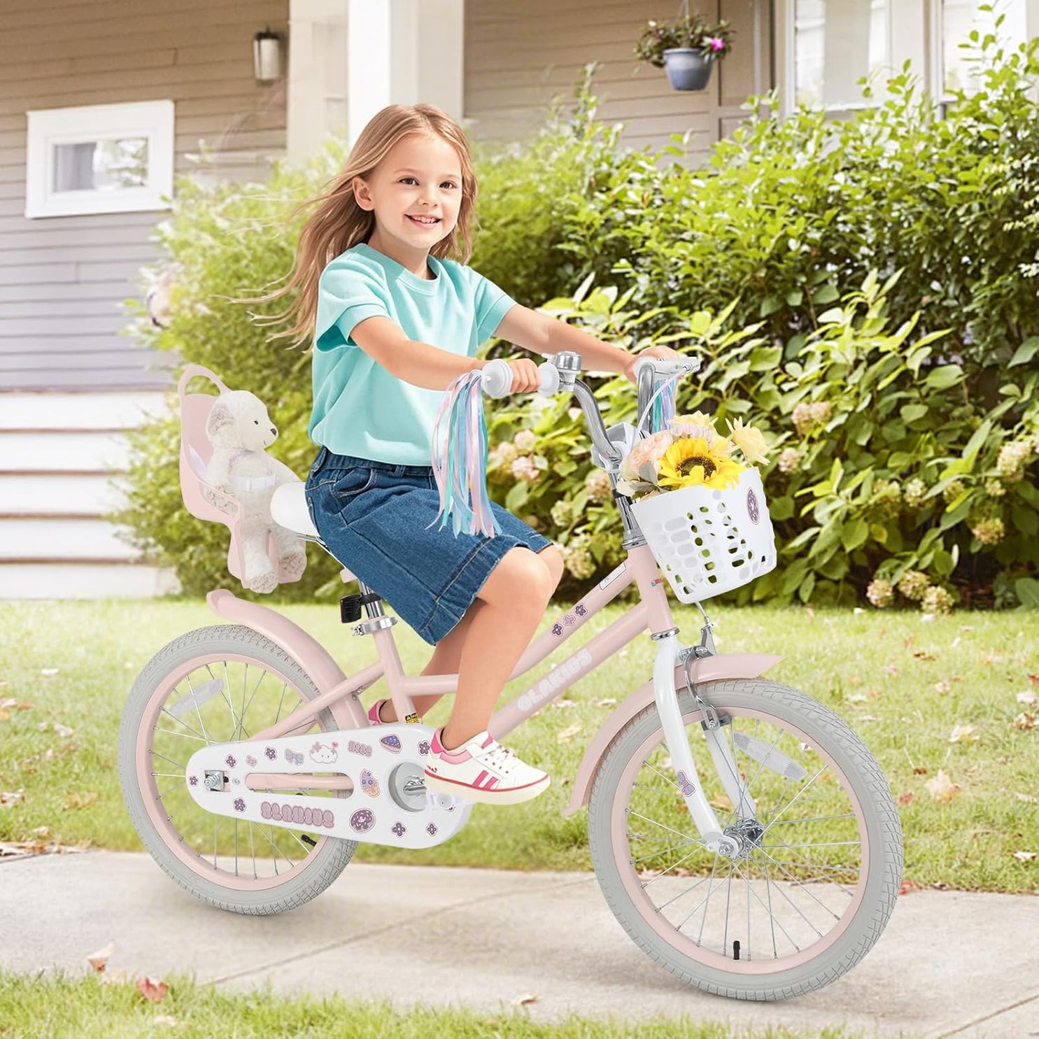 Olakids Girls Bike 12-20 Inch with Doll Seat Training Wheels Basket Dual Brakes