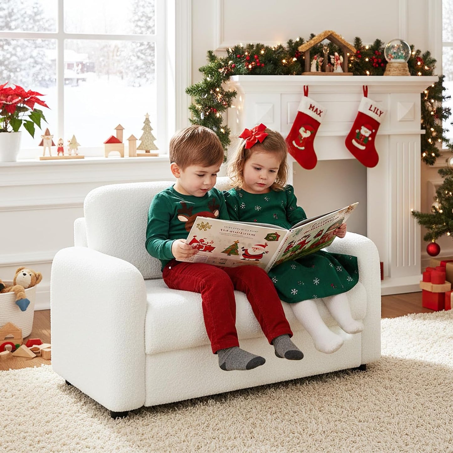 OLAKIDS Kids Sofa, 2 Seat Soft Thick Upholstered Couch with Plush Fabric Solid Wooden Frame, Armrest Chair Lounge for Playroom Kids Boys Girls