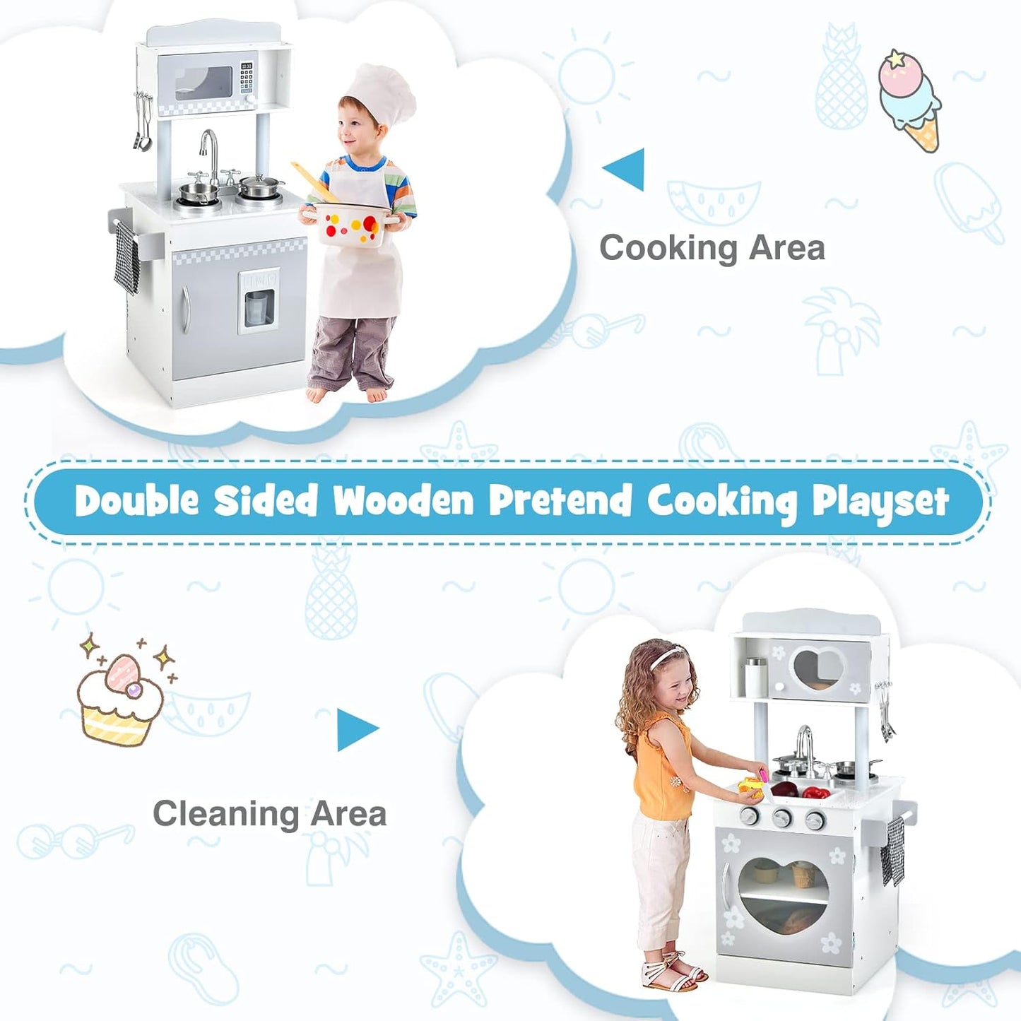 OLAKIDS 2 in 1 Kids Play Kitchen and Restaurant, Double Sided Toddler Wooden Pretend Cooking Set with Stove Sink Microwave Storage Cabinet, Simulation Kitchen Toy Set for Boys Girls