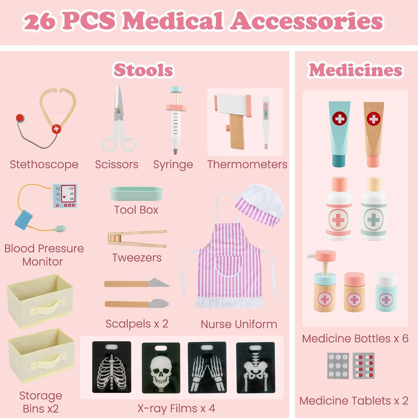 OLAKIDS Kids Doctor Playset, Wooden Pretend Medical Station Activity Center Toy Set with 26 Interactive Veterinarian Accessories, Nurse Uniform X-Ray Film Stethoscope ECG Monitor for Toddler