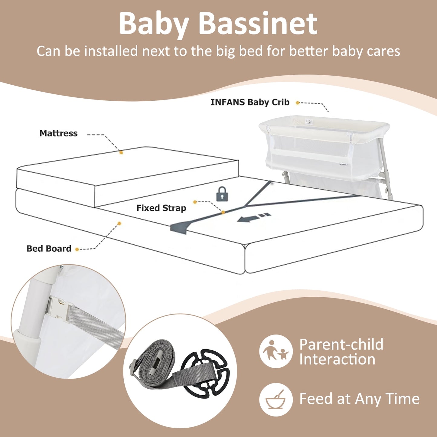 OLAKIDS Baby Bedside Bassinet, Over-Bed Baby Bassinet with Adjustable Height, Safe Close Sleeping, Storage, Lowering Wall for Easy Access, Newborn Girls Boys Aged 6-18 Months