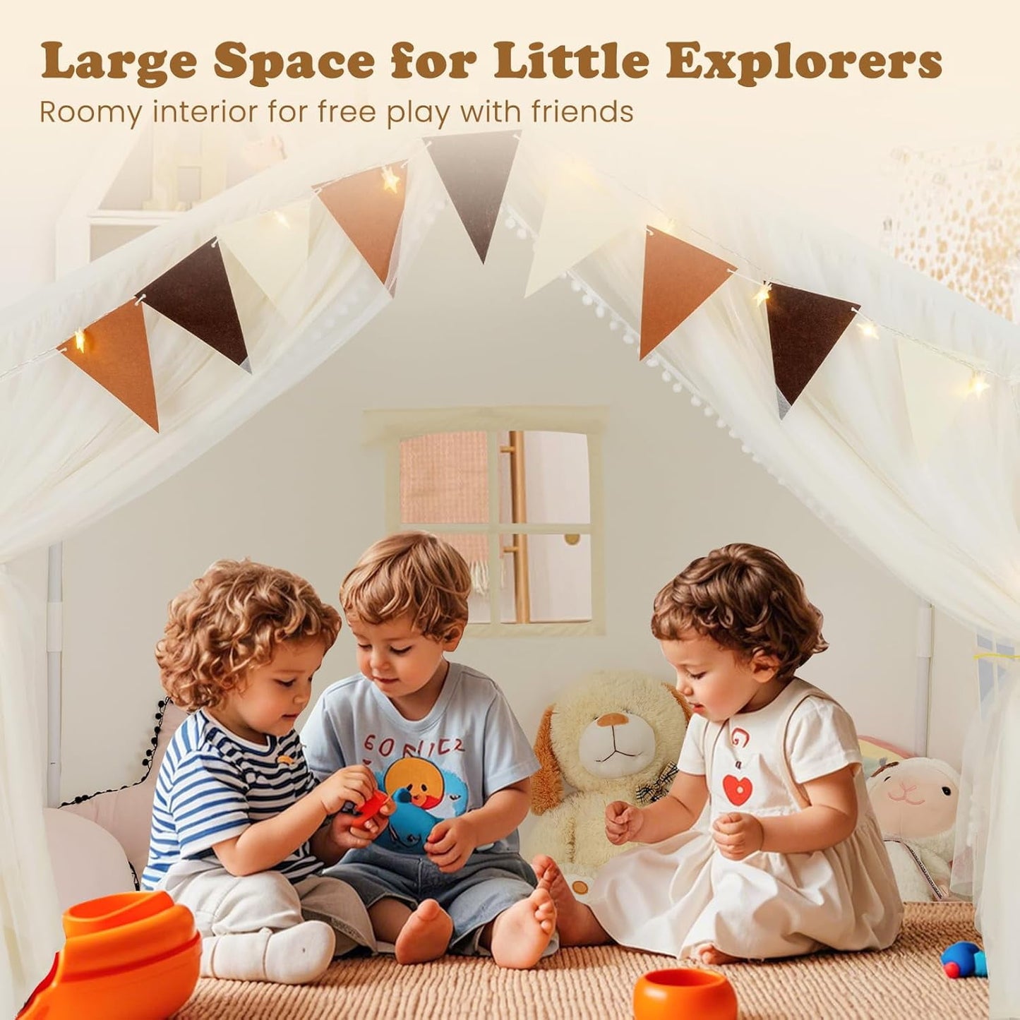 OLAKIDS Kids Play Tent, Large Size Playhouse with Washable Cotton Mat Star Light Windows Plaid Pennants, 57.5” x 38” x 52.5”, Indoor Outdoor Princess Tents Castle for Toddlers Age 3+ Years Old