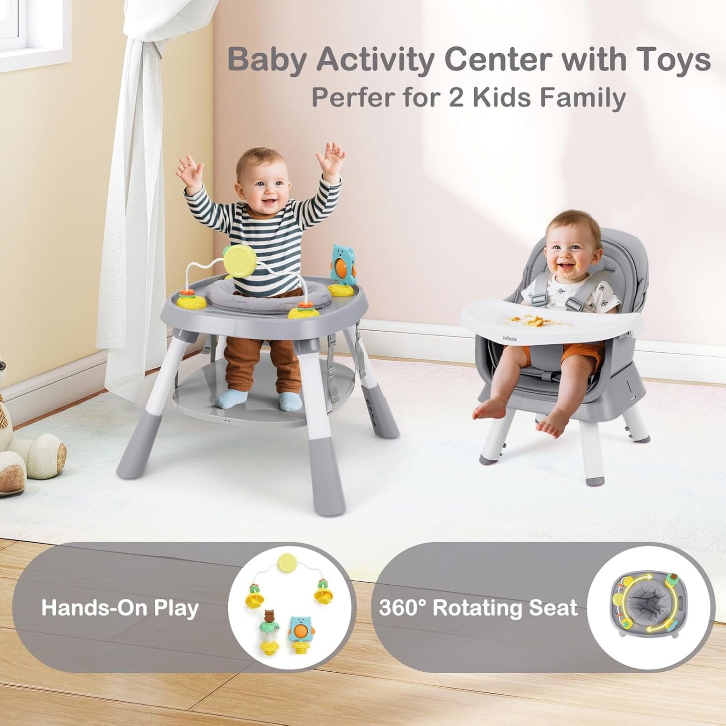 INFANS 9 in 1 High Chair, Convertible Baby Highchair for Babies and Toddlers, Table and Chair Set Building Block Infant Dining Booster Seat, Kids Stool with Activity Children Play Kitchen