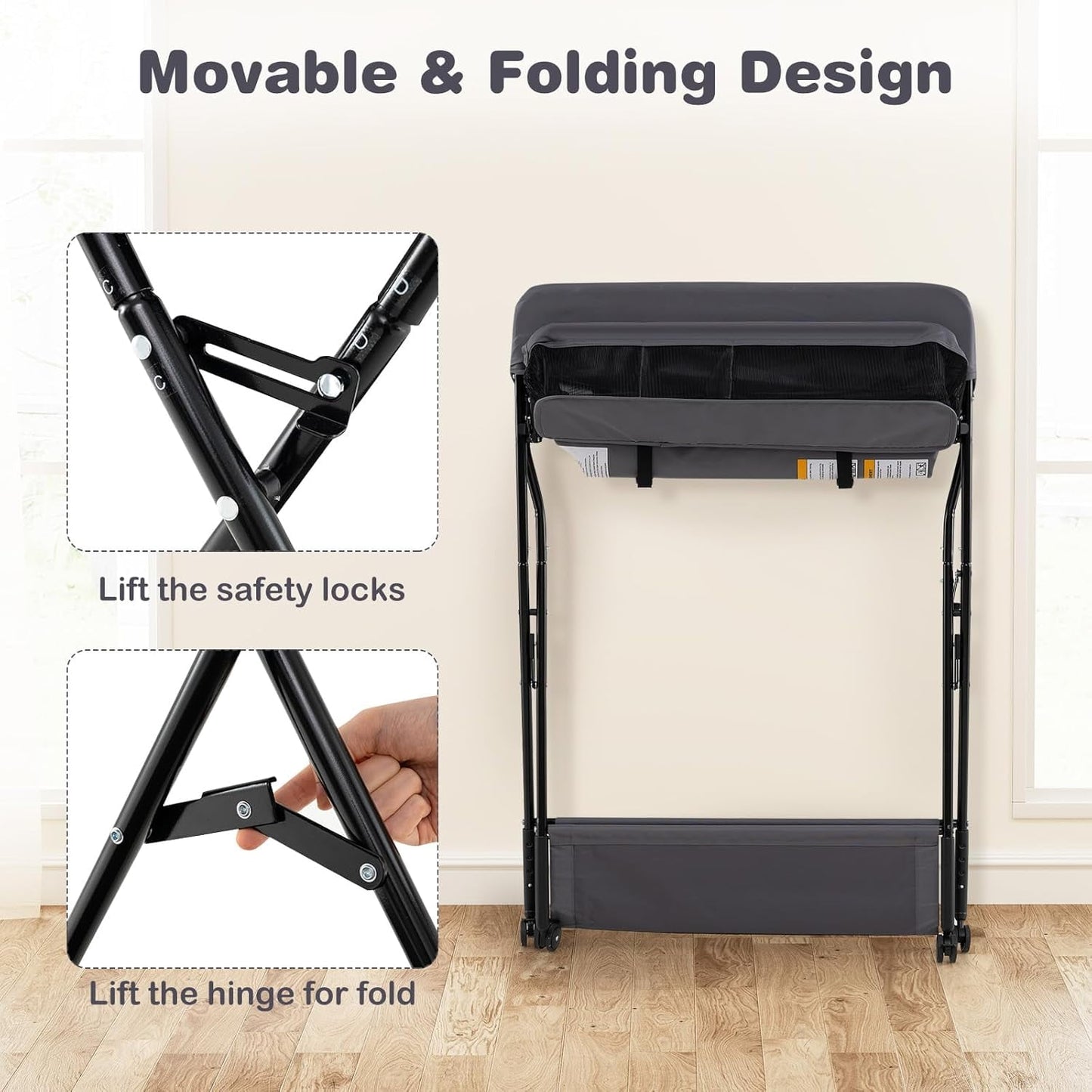 INFANS Baby Changing Table with Wheels, Portable Folding Diaper Station Nursery Organizer with Storage Basket, Hanging Rack, Adjustable Height, Safety Belt for Newborn Infant