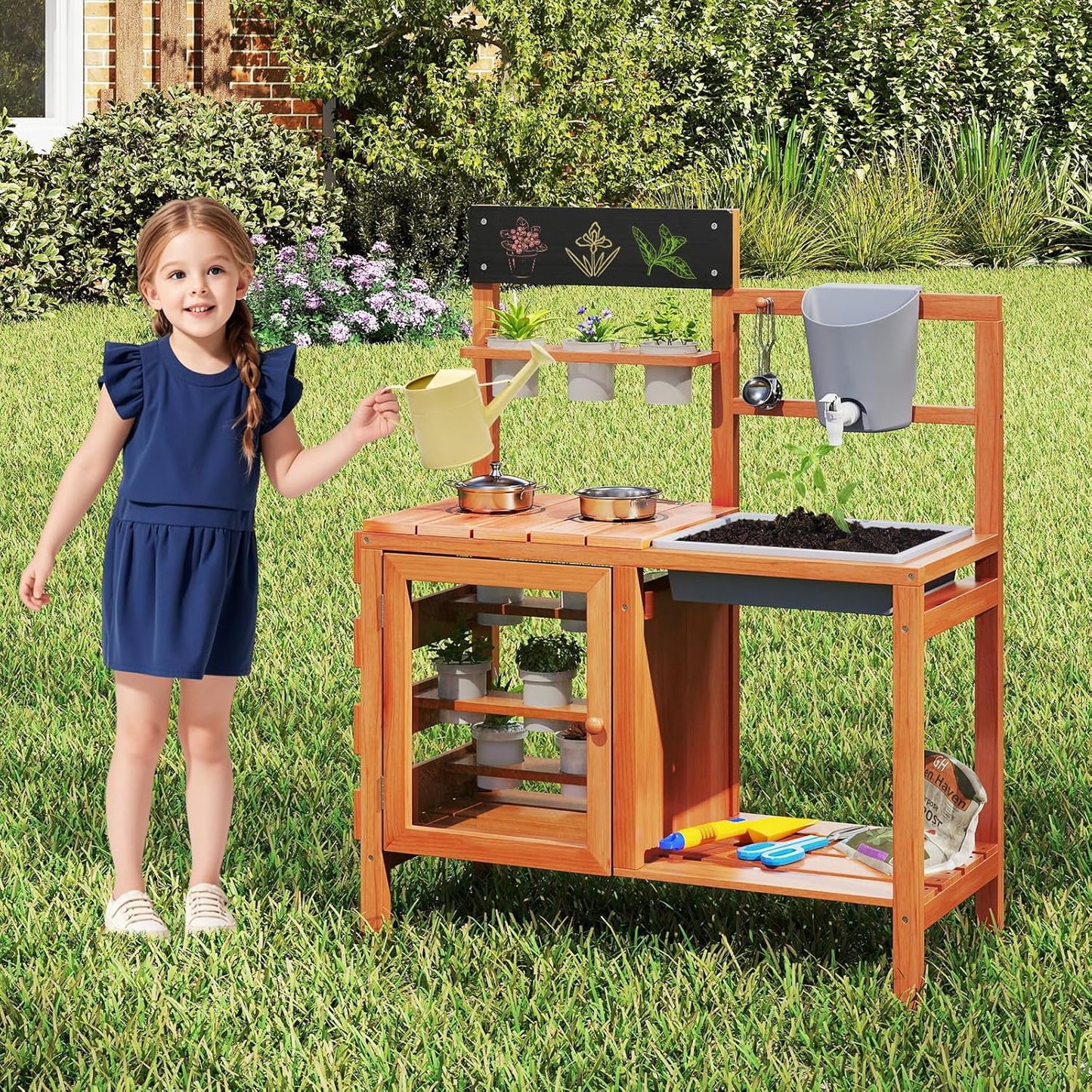 OLAKIDS Mud Kitchen for Kids Outdoor, Wooden Toddler Play Kitchen with Sink Faucet 12 Pots Chalkboard Stoves Storage Shelves, Children Potting Bench Table Pretend Toy Playset for Backyard Garden