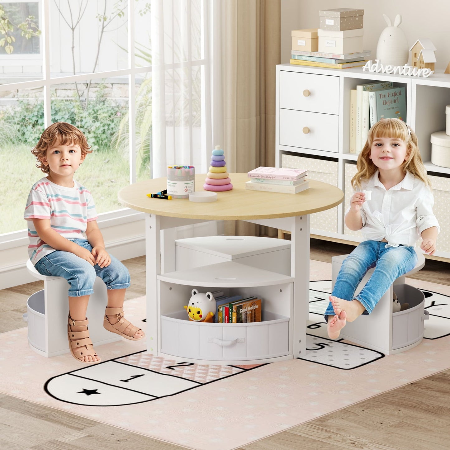 OLAKIDS Toddler Table and Chair Set, Wooden Table and 4 Chairs with Nesting Design, Storage Drawers, Children Multi-Activity Table for Art, Crafts, Draw, Read for Boys Girls Aged 3+