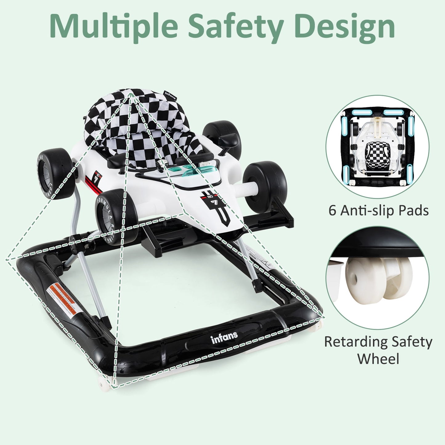 OLAKIDS 4 in 1 Baby Walker, Foldable Toddler Activity Center with Adjustable Height, Padded Seat, Music, Light, Removable Toy Tray, Push Walker for Girls Boys Aged 6-18 Months