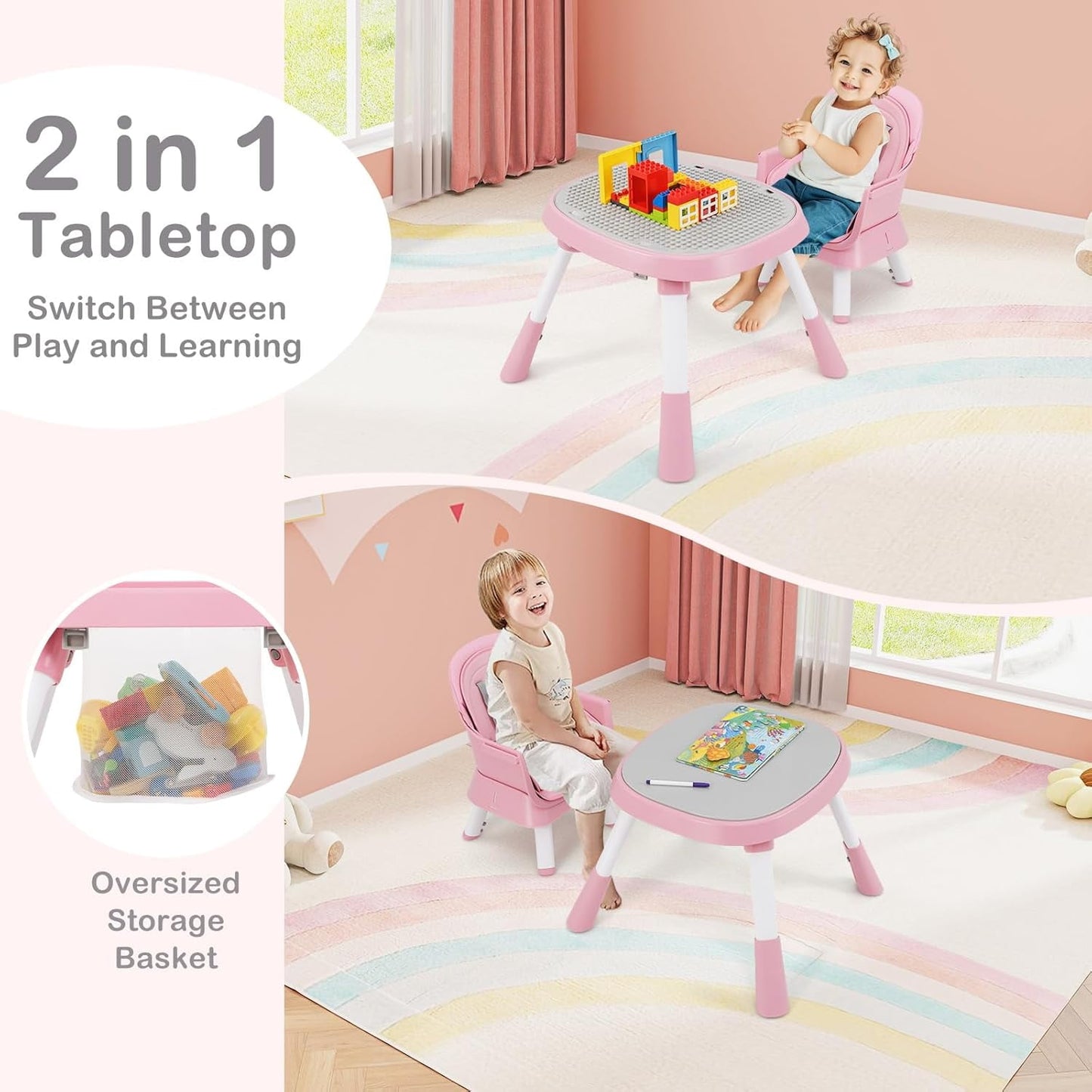INFANS 9 in 1 High Chair, Convertible Baby Highchair for Babies and Toddlers, Table and Chair Set Building Block Infant Dining Booster Seat, Kids Stool with Activity Children Play Kitchen