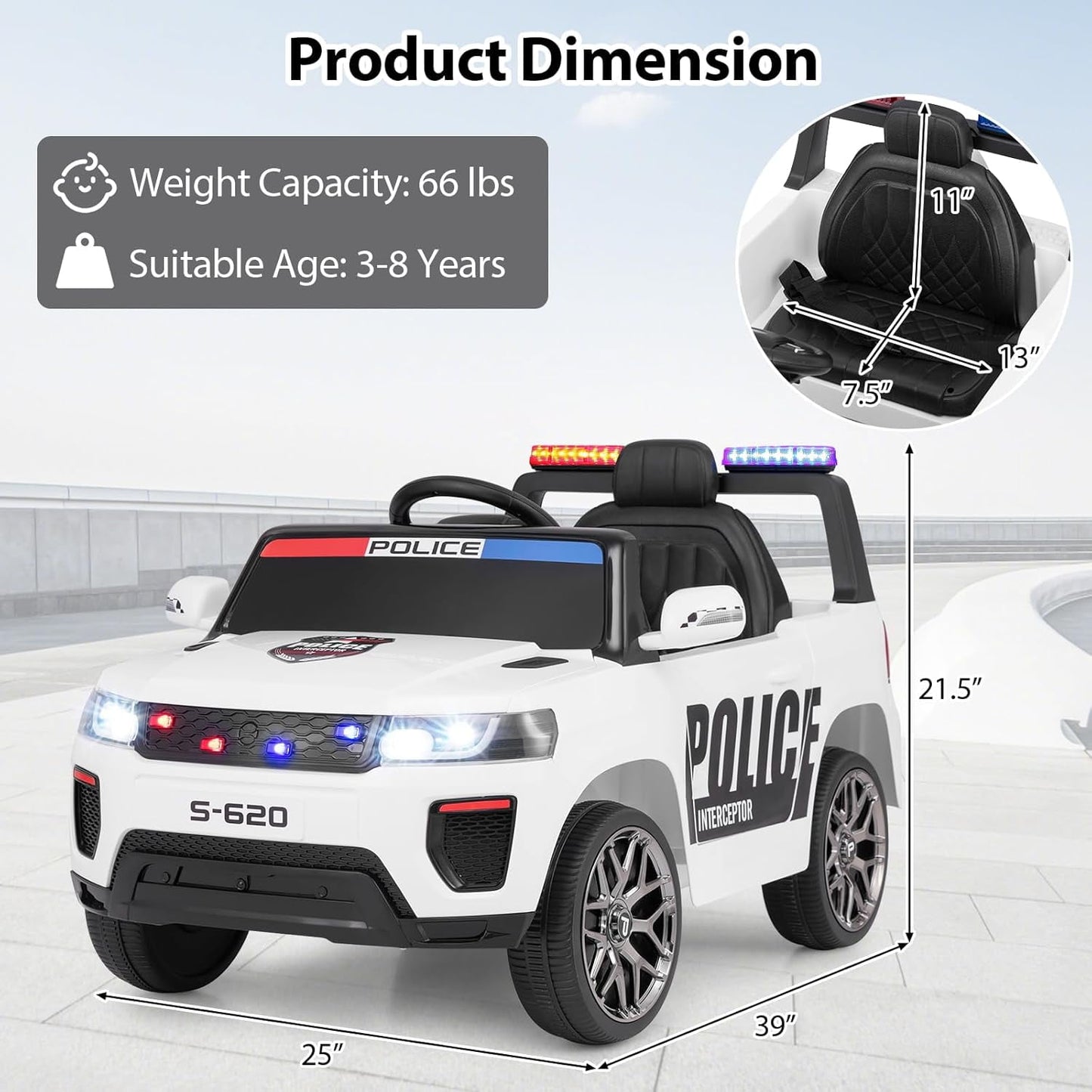 OLAKIDS Ride on Police Car, 12V Kids Battery Powered Electric Vehicle with Siren, Flashing Lights, Bluetooth, Music, MP3, USB, Power Display, Spring Suspension, Aged 3-8 Years
