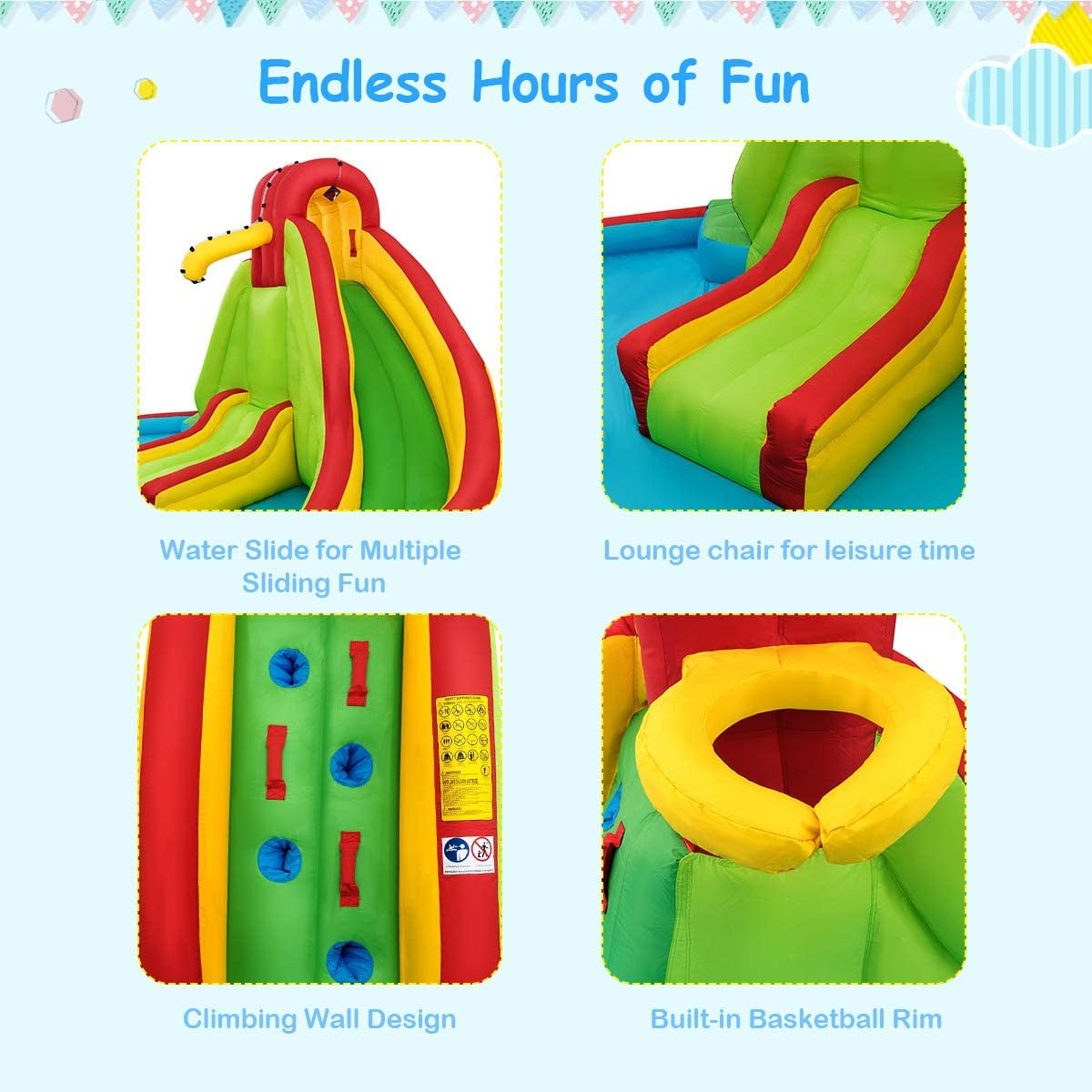 OLAKIDS Inflatable Water Slide, 7 in 1 Bounce House with 2 Slides, Climbing Wall, Splash Pool, Basketball Rim, 2 Water Guns, Jumping Castle with Carrying Bag, Repairing Kit, Hose