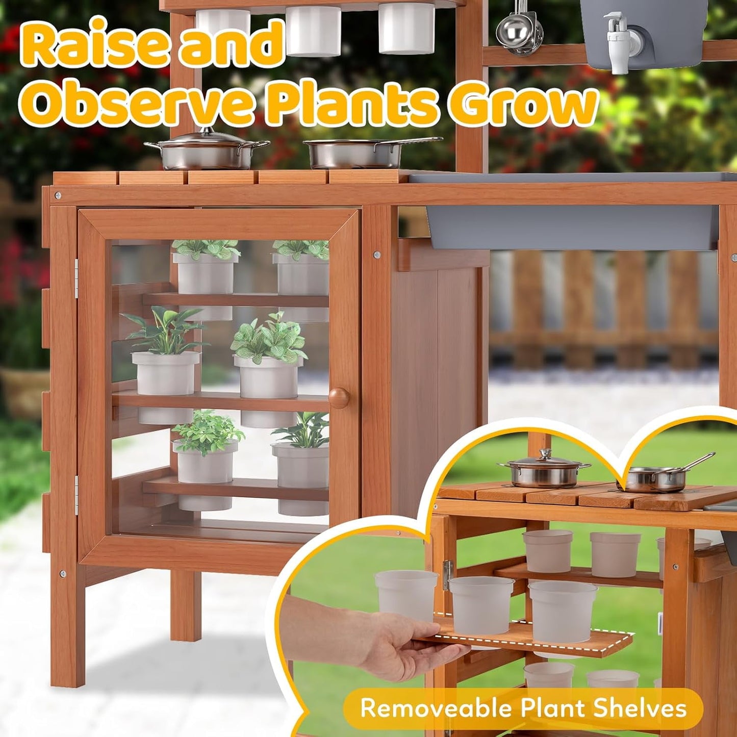 OLAKIDS Mud Kitchen for Kids Outdoor, Wooden Toddler Play Kitchen with Sink Faucet 12 Pots Chalkboard Stoves Storage Shelves, Children Potting Bench Table Pretend Toy Playset for Backyard Garden
