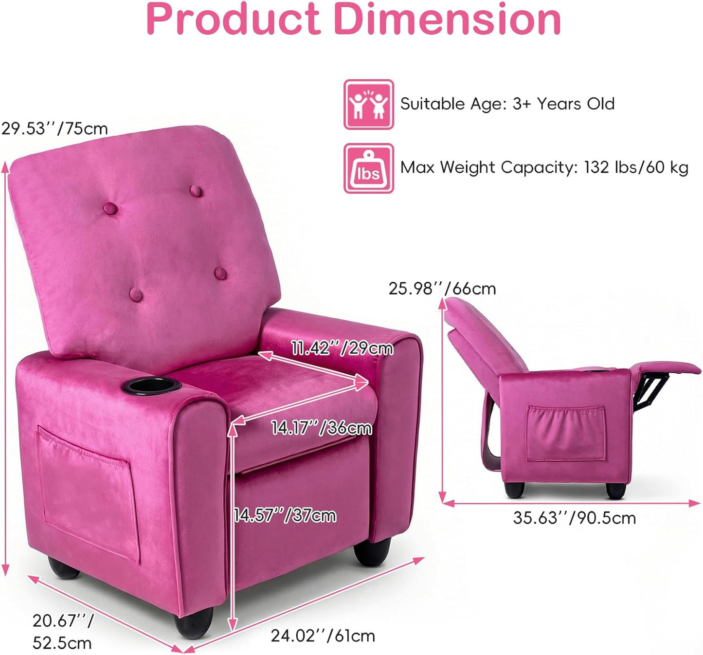 OLAKIDS Kids Recliner, Toddler Lounge Chair with Adjustable Backrest Footrest Cup Holder Side Pockets