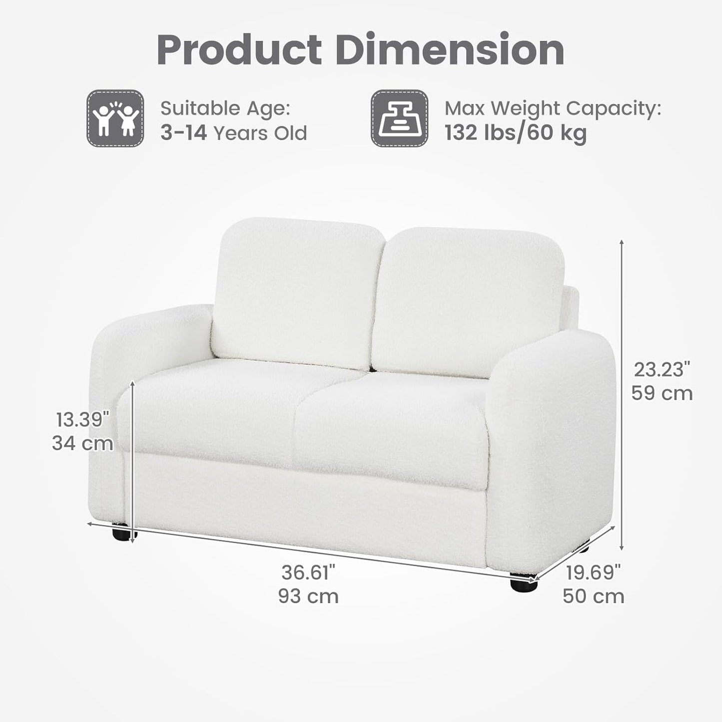 OLAKIDS Kids Sofa, 2 Seat Soft Thick Upholstered Couch with Plush Fabric Solid Wooden Frame, Armrest Chair Lounge for Playroom Kids Boys Girls