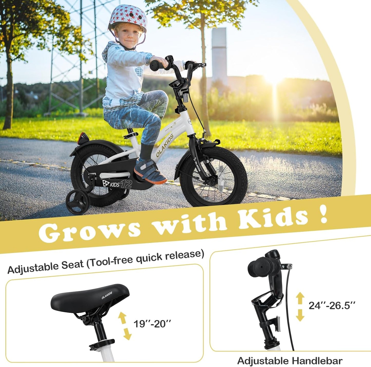 Olakids Kids Bike, 12 14 16 18 Inch Toddlers Bike with Training Wheels Safety Bell Adjustable Seat and Handlebar, Handbrake and Coaster Brake, Children's Bicycle for Boys Girls