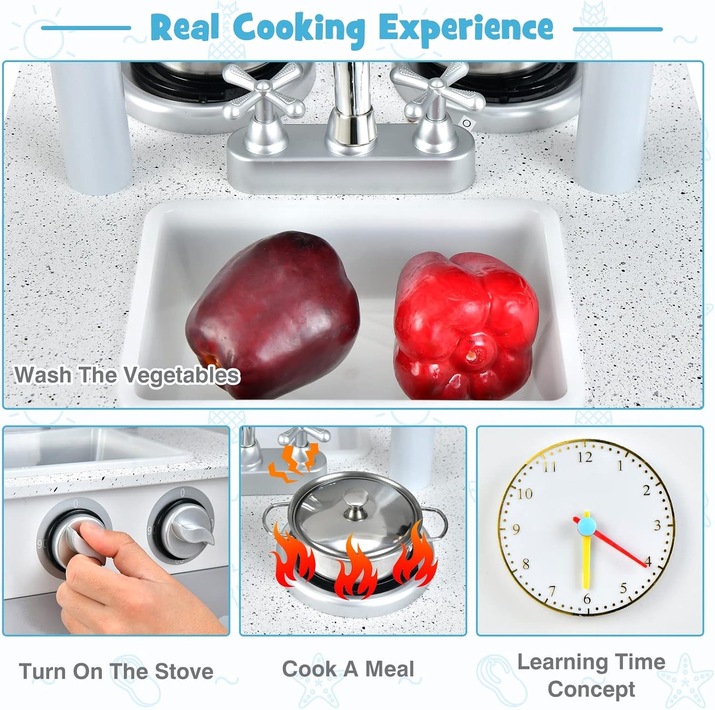 OLAKIDS 2 in 1 Kids Play Kitchen and Restaurant, Double Sided Toddler Wooden Pretend Cooking Set with Stove Sink Microwave Storage Cabinet, Simulation Kitchen Toy Set for Boys Girls