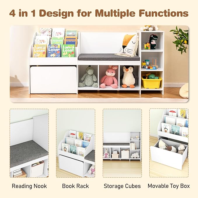 OLAKIDS Kids Bookshelf Toy Storage Organizer with Reading Nook Seat Cushion