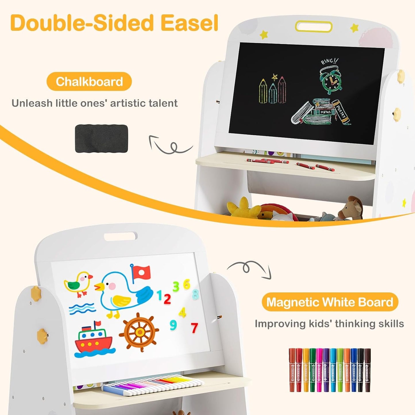 OLAKIDS Easel for Kids with Chair, 4 in 1 Double-Sided Adjustable Magnetic Chalkboard & Whiteboard with Bookshelves, Storage Bins, Wooden Standing Painting Drawing Art Board for Boys Girls