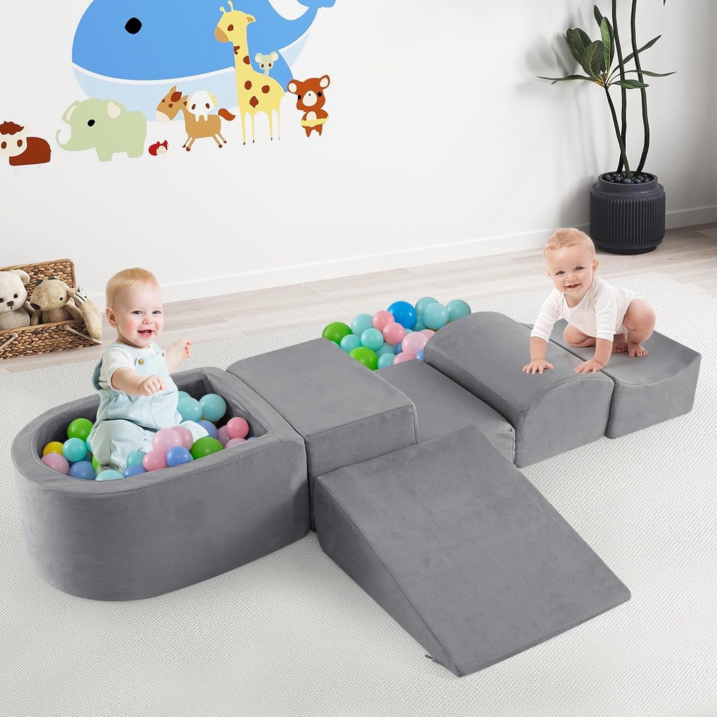 INFANS Climbing Toys for Toddlers, Foam Climbing Blocks and Ball Pit for Baby, 5pc Kids Climb and Crawl Block Activity Structure Play Set, Indoor Foam Play Gym for Crawling and Sliding