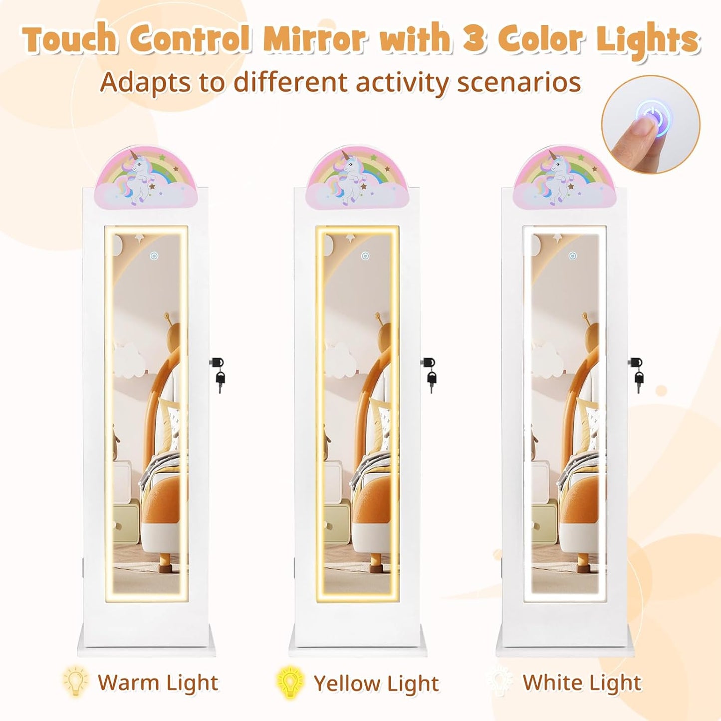 OLAKIDS Kids Jewelry Armoire Cabinet, 360° Swivel Lockable Standing Makeup Organizer with Interior Lights, Rotatable Full-Length LED Vanity Mirror with Foldable Fabric Drawer for Girls