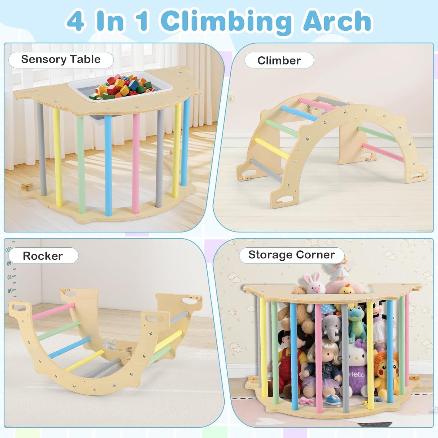 OLAKIDS Climbing Arch for Toddlers, 5 in 1 Wooden Indoor Kids Climber Rocker Montessori Sensory Table with Foldable Storage Bin, Baby Pikler Toy Set Gym Learning Crawling Gift for Children