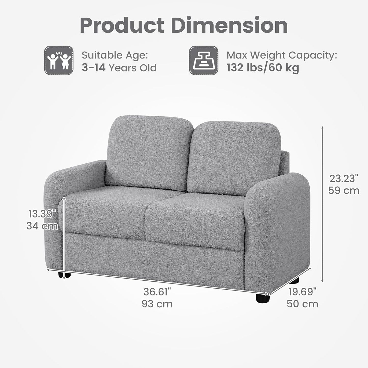 OLAKIDS Kids Sofa, 2 Seat Soft Thick Upholstered Couch with Plush Fabric Solid Wooden Frame, Armrest Chair Lounge for Playroom Kids Boys Girls