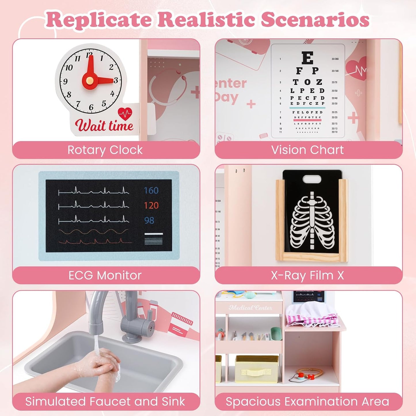 OLAKIDS Kids Doctor Playset, Wooden Pretend Medical Station Activity Center Toy Set with 26 Interactive Veterinarian Accessories, Nurse Uniform X-Ray Film Stethoscope ECG Monitor for Toddler