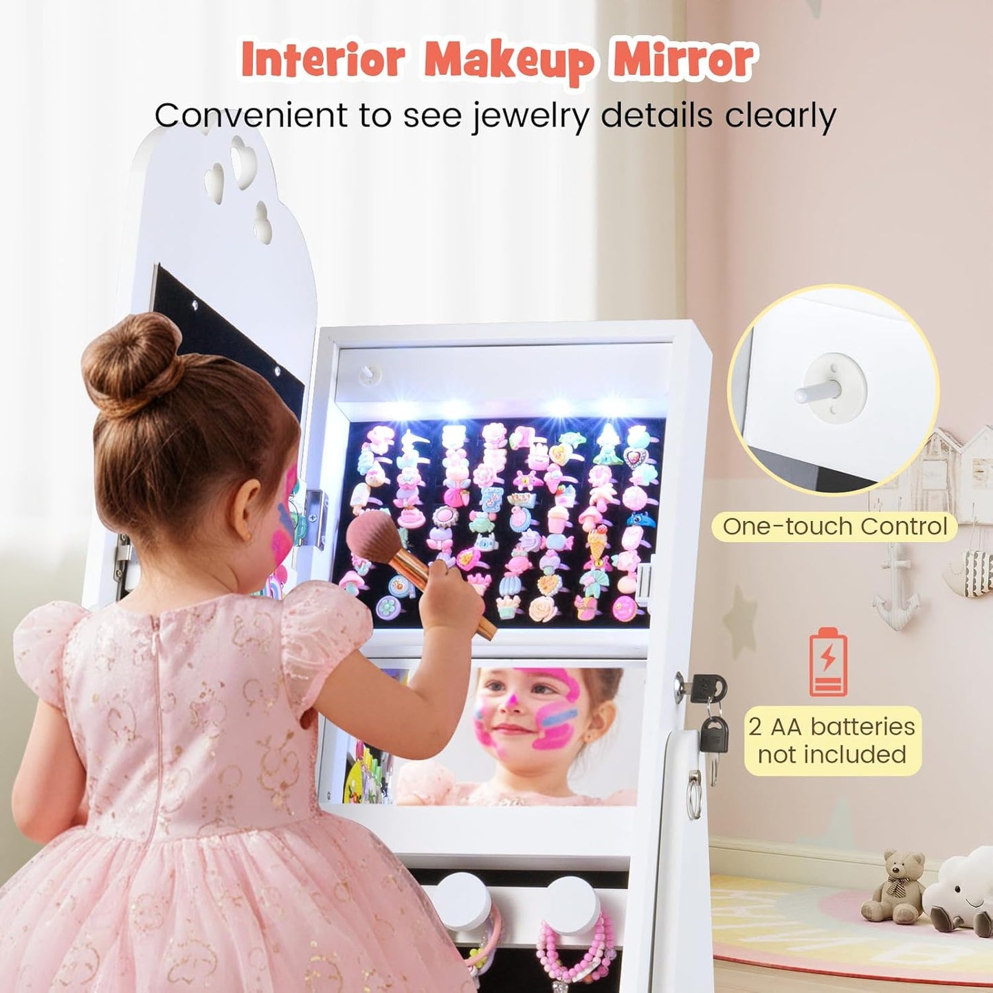 OLAKIDS Kids Jewelry Armoire Cabinet, 360° Swivel Lockable Standing Makeup Organizer with Interior Lights, Rotatable Full-Length LED Vanity Mirror with Foldable Fabric Drawer for Girls
