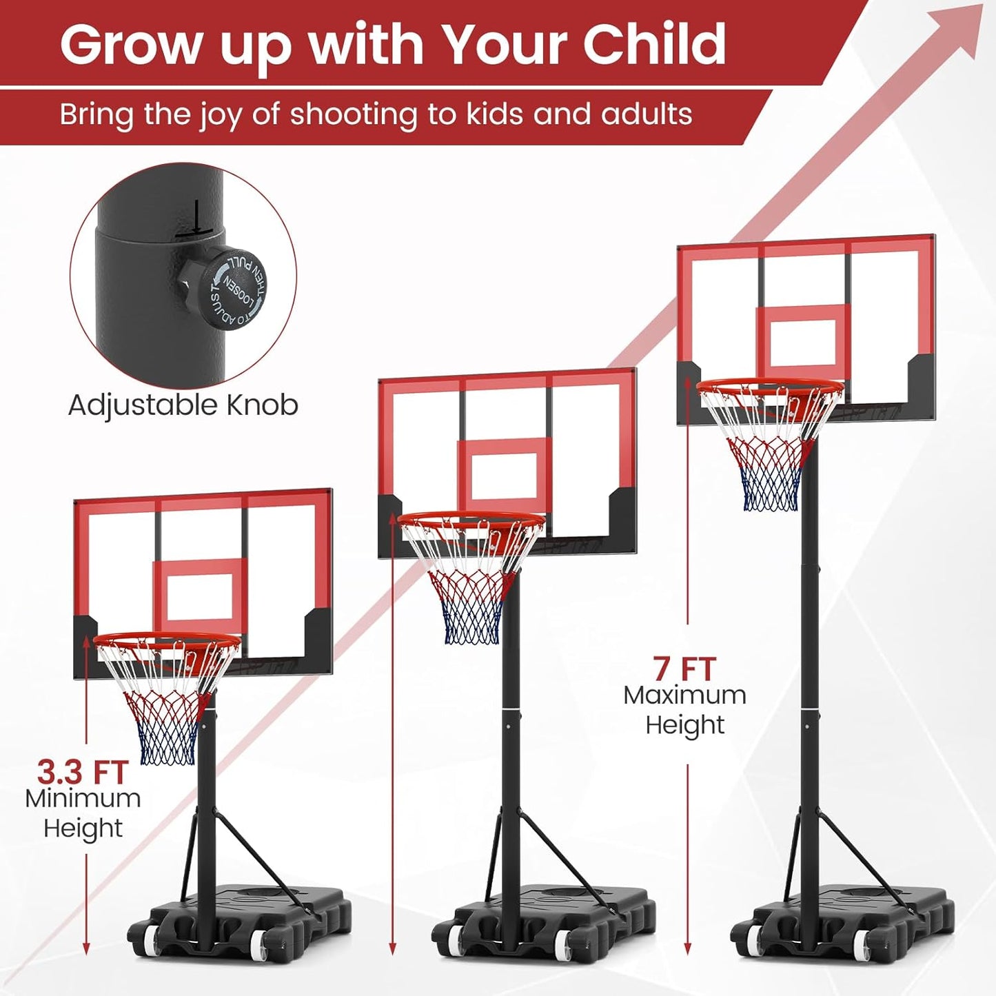 OLAKIDS Basketball Hoop Outdoor, Portable 3.3-7 FT Height Adjustable Goal System with Wheels Shatterproof Backboard, Fillable Base for Kids Youth Teens Adults Driveway Backyard Pool Indoor
