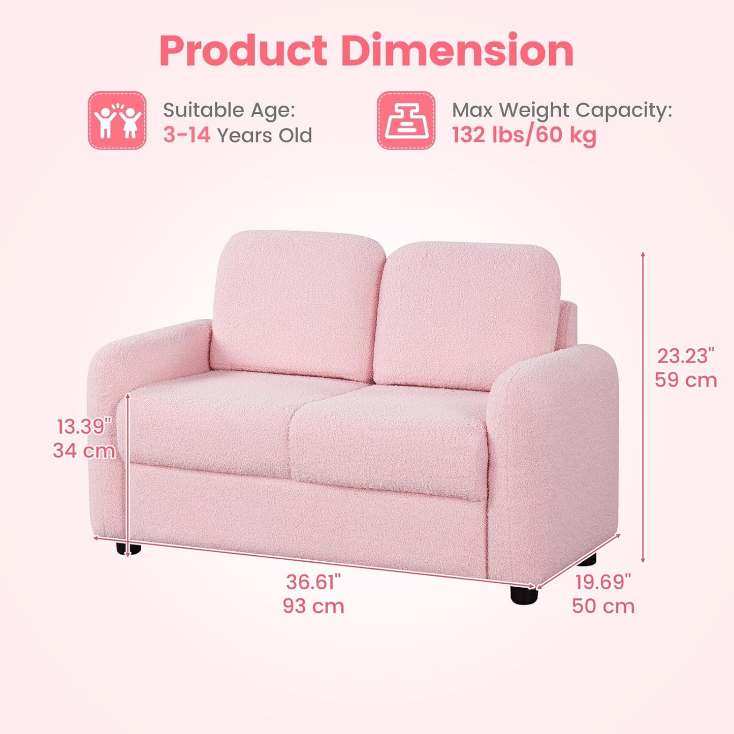 OLAKIDS Kids Sofa, 2 Seat Soft Thick Upholstered Couch with Plush Fabric Solid Wooden Frame, Armrest Chair Lounge for Playroom Kids Boys Girls