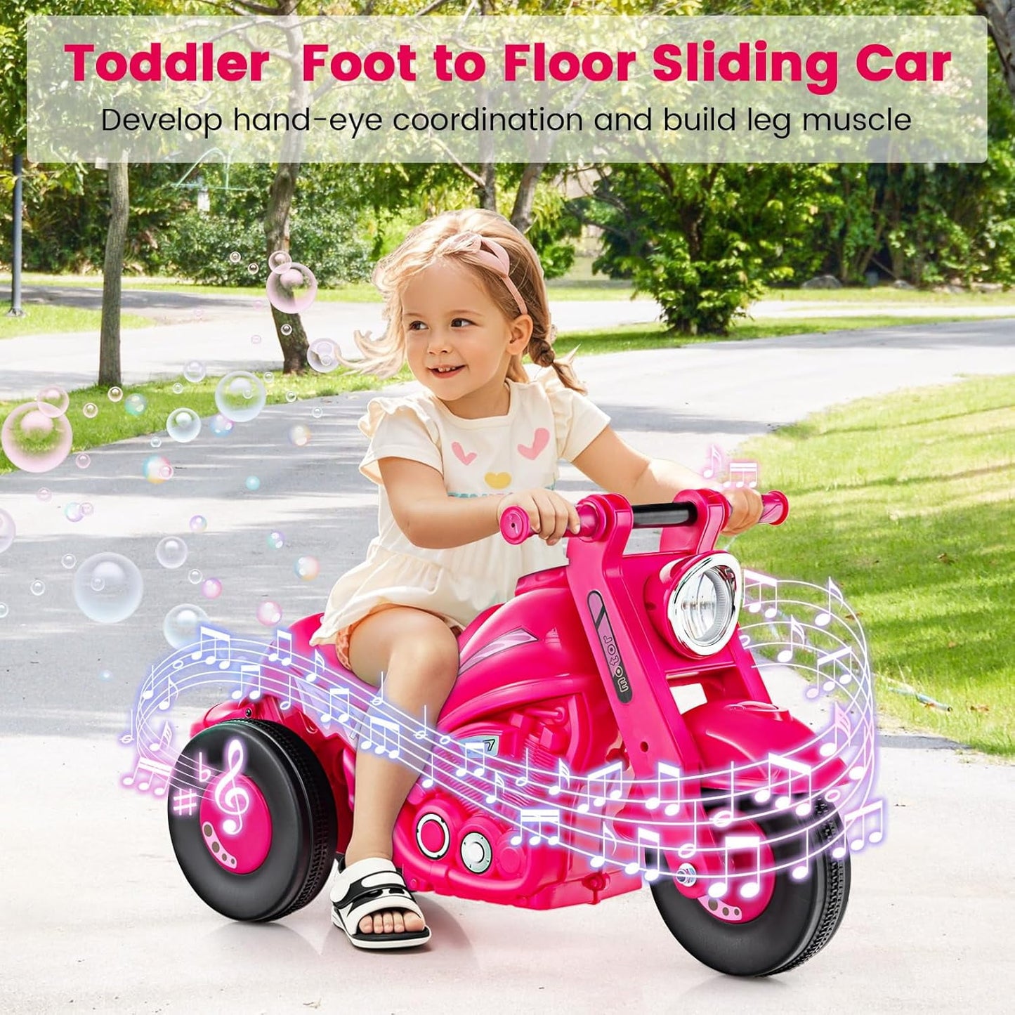 OLAKIDS Ride on Push Car, Foot-to-Floor Sliding Car for Toddlers Kids Motorcycle with Bubble Maker, Music, 3 Wheels Ride on Toys Gift for Boys Girls Aged 3-5 Years