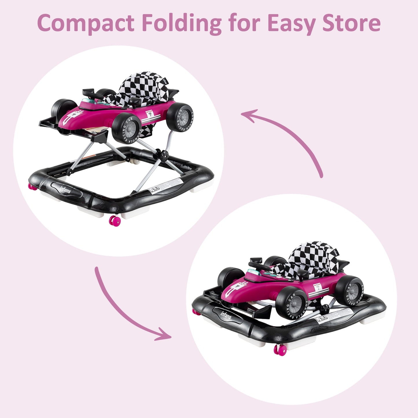 OLAKIDS 4 in 1 Baby Walker, Foldable Toddler Activity Center with Adjustable Height, Padded Seat, Music, Light, Removable Toy Tray, Push Walker for Girls Boys Aged 6-18 Months