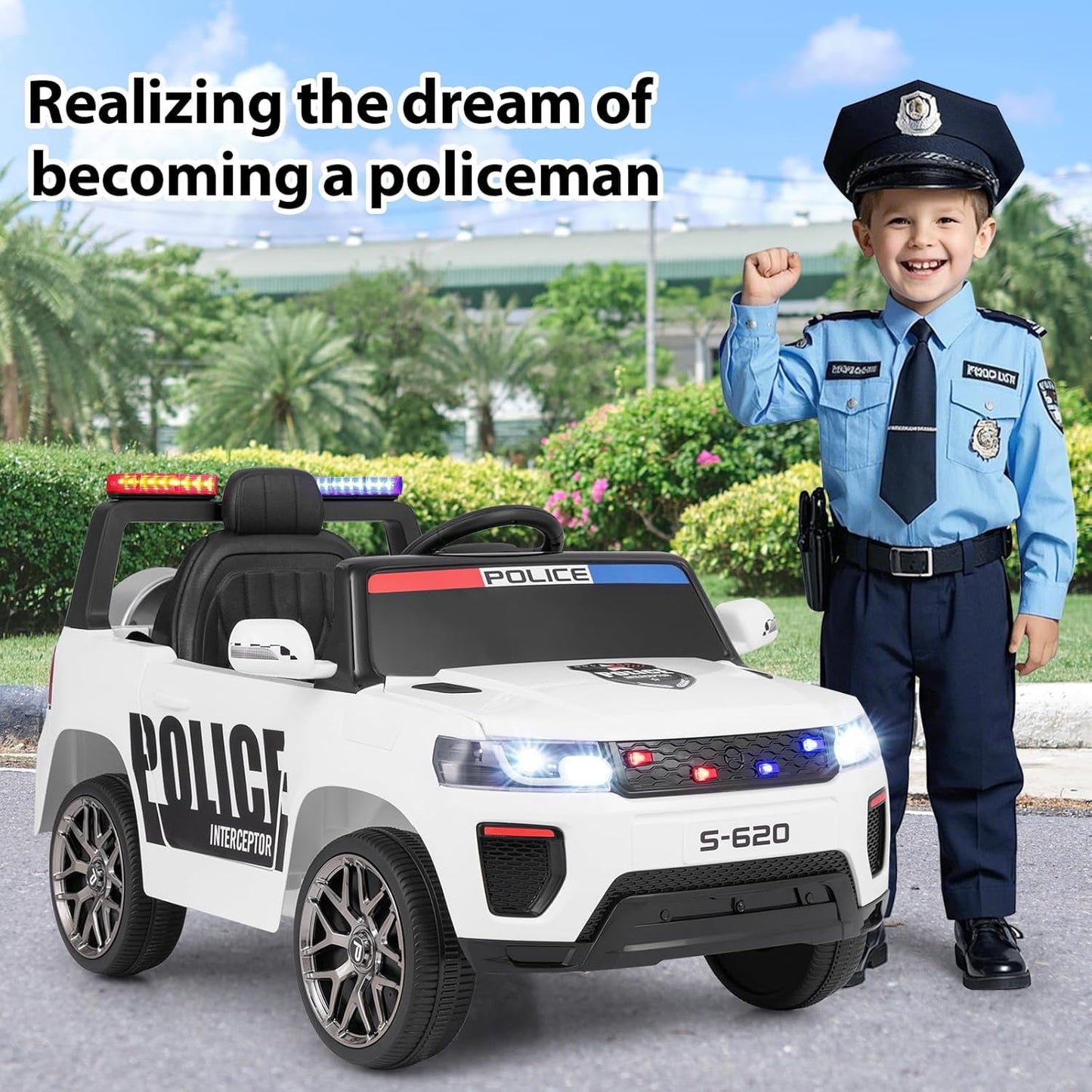 OLAKIDS Ride on Police Car, 12V Kids Battery Powered Electric Vehicle with Siren, Flashing Lights, Bluetooth, Music, MP3, USB, Power Display, Spring Suspension, Aged 3-8 Years