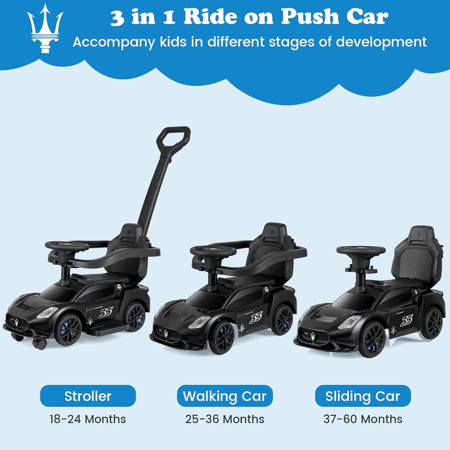 OLAKIDS 3 in 1 Push Car for Toddlers, Licensed Maserati Baby Stroller Sliding Walking Car with Push Handle, Horn, Music, Underneath Storage, Foot-to-Floor Ride on Toys for Boys Girls