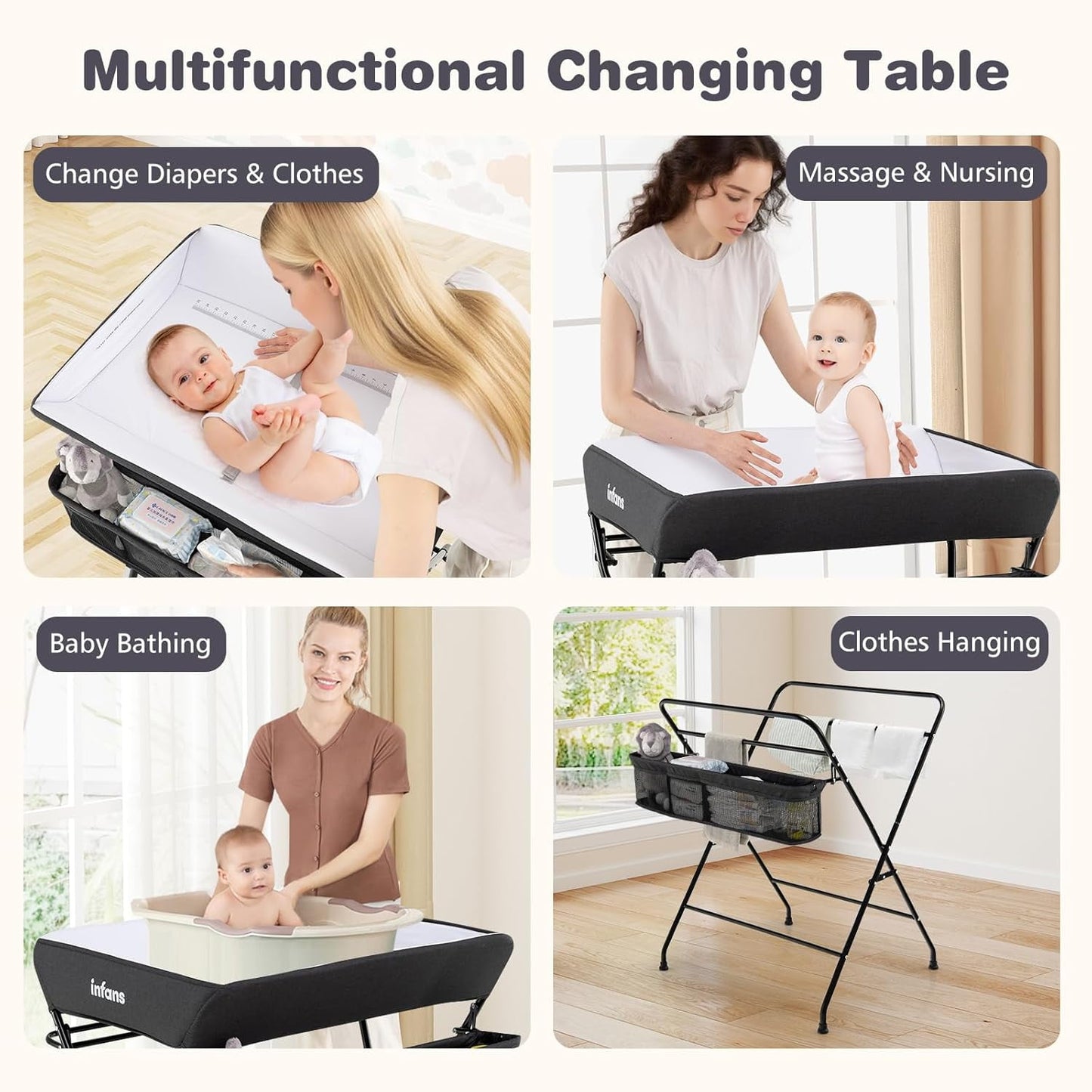 INFANS Baby Changing Table with Wheels, Portable Folding Diaper Station Nursery Organizer with Storage Basket, Hanging Rack, Adjustable Height, Safety Belt for Newborn Infant