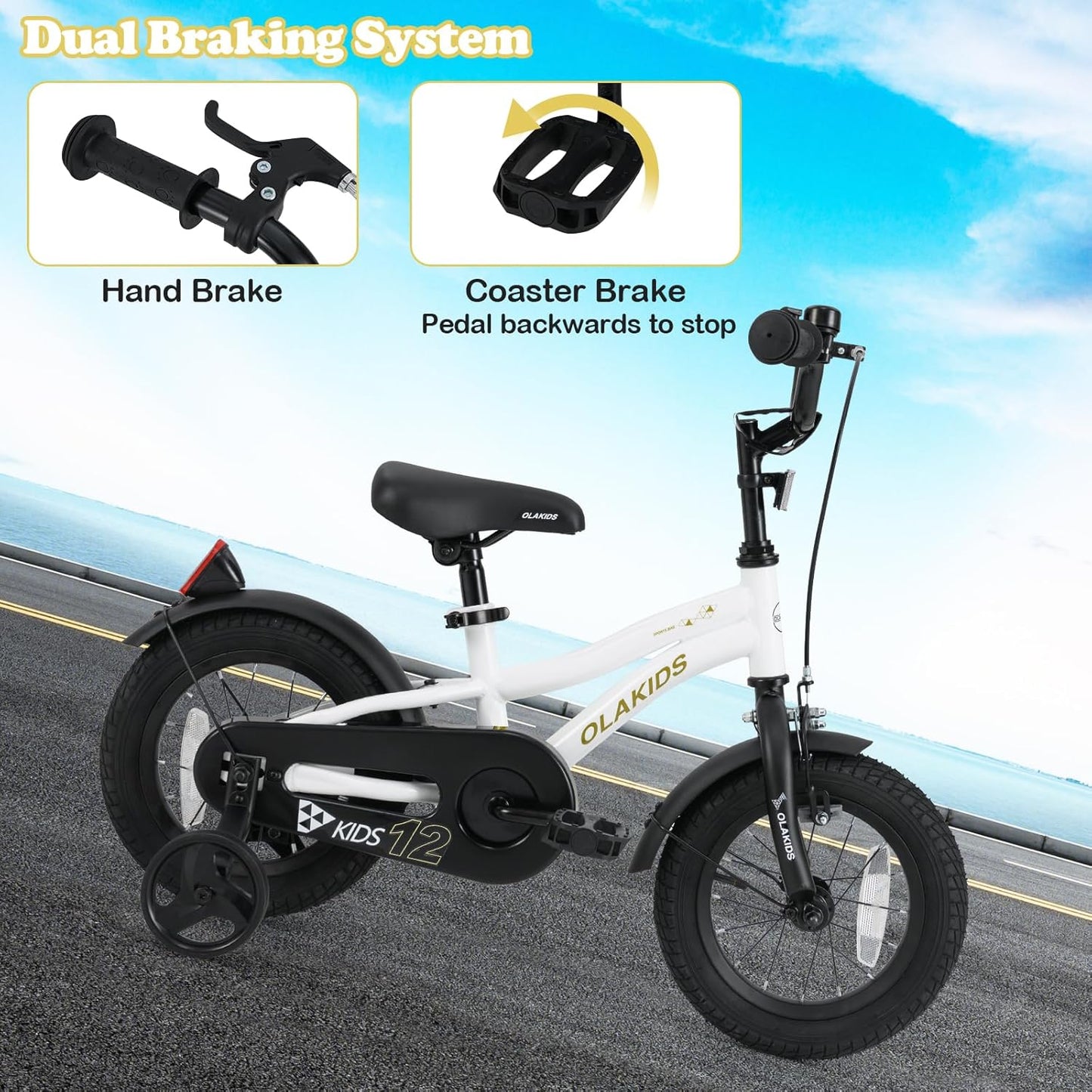 Olakids Kids Bike, 12 14 16 18 Inch Toddlers Bike with Training Wheels Safety Bell Adjustable Seat and Handlebar, Handbrake and Coaster Brake, Children's Bicycle for Boys Girls