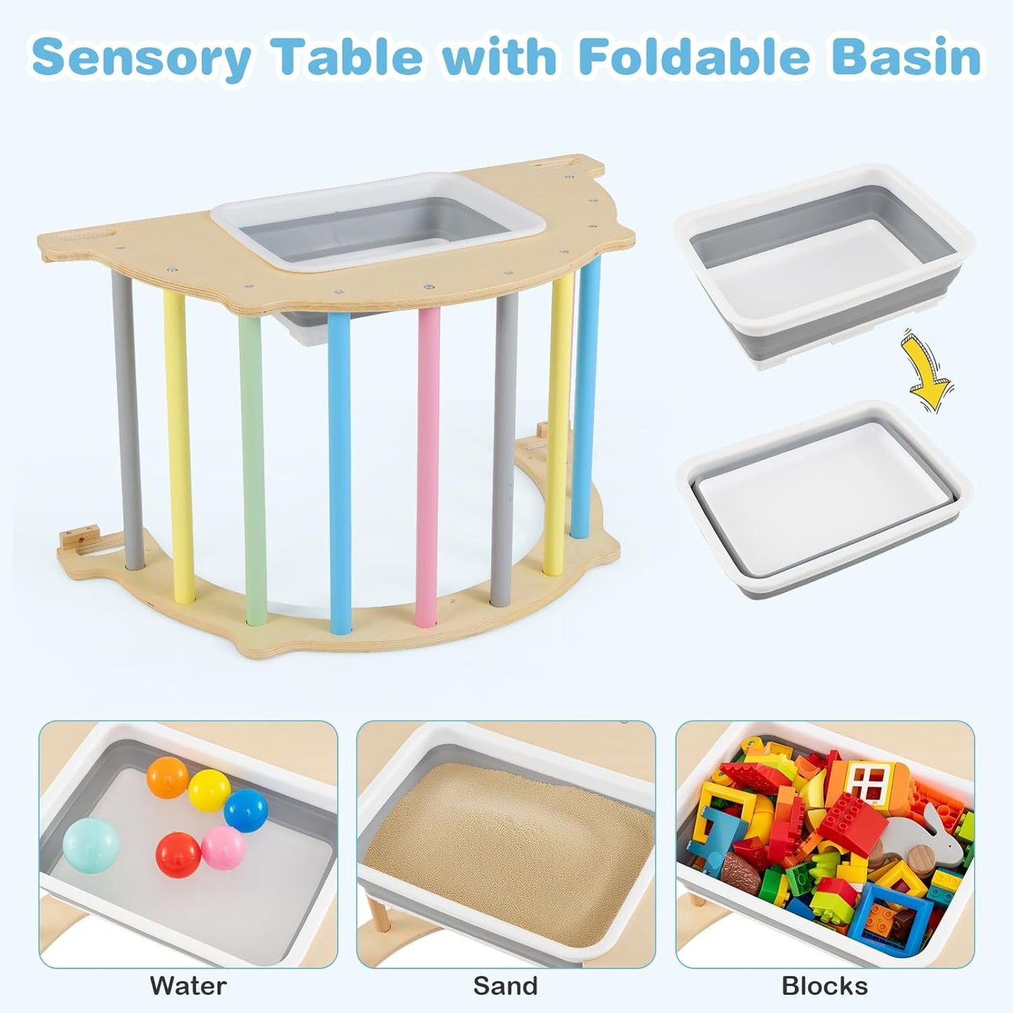 OLAKIDS Climbing Arch for Toddlers, 5 in 1 Wooden Indoor Kids Climber Rocker Montessori Sensory Table with Foldable Storage Bin, Baby Pikler Toy Set Gym Learning Crawling Gift for Children