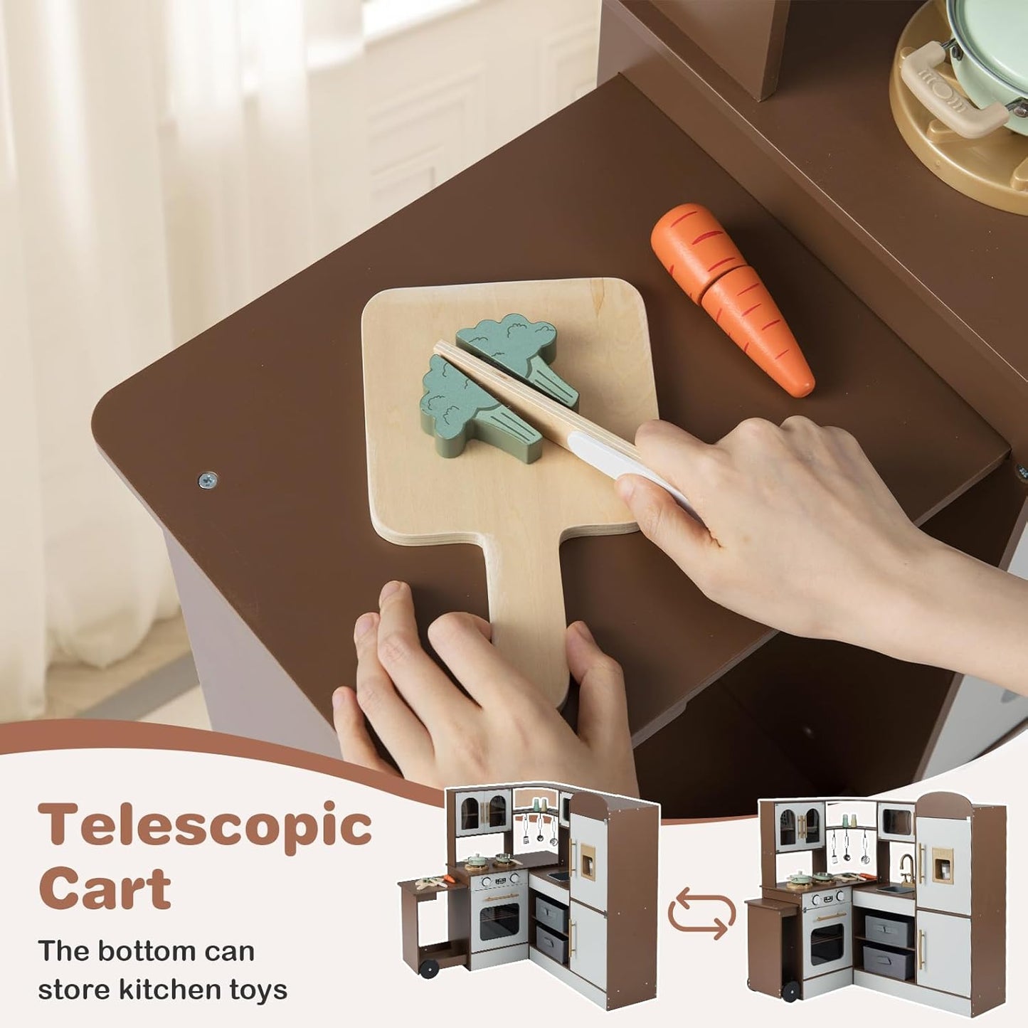 OLAKIDS Corner Kids Kitchen, Wooden Pretend Playset with Telescopic Cart Realistic Lights Sounds Ice Maker Fabric Drawers Microwave Oven, Toddler Cooking Toy Gift for Boys Girls Aged 3+